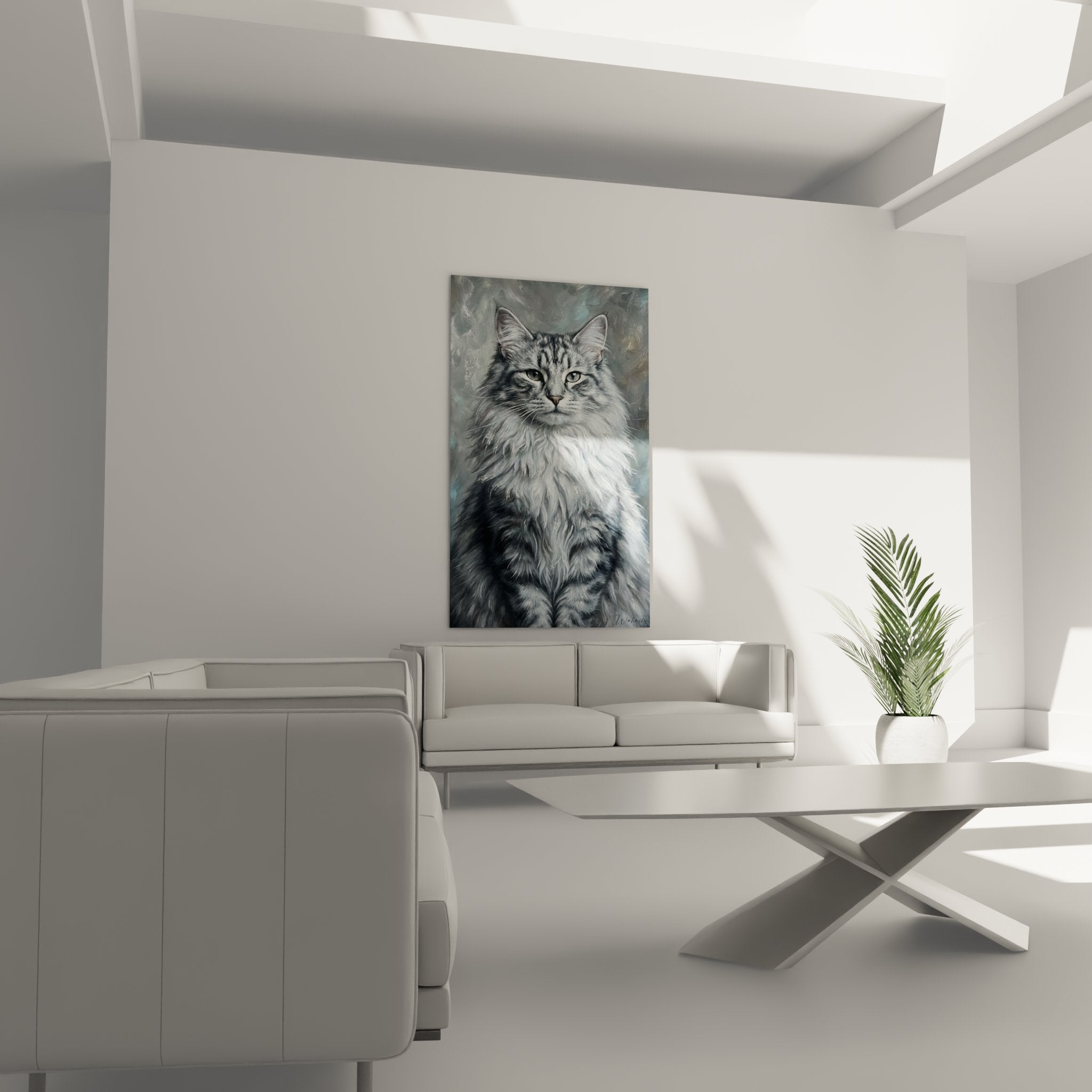 Detail Gemälde Norwegian Forest Cat, ausdrucksstarke grüne Augen, realistische Textur silbergraues Fell