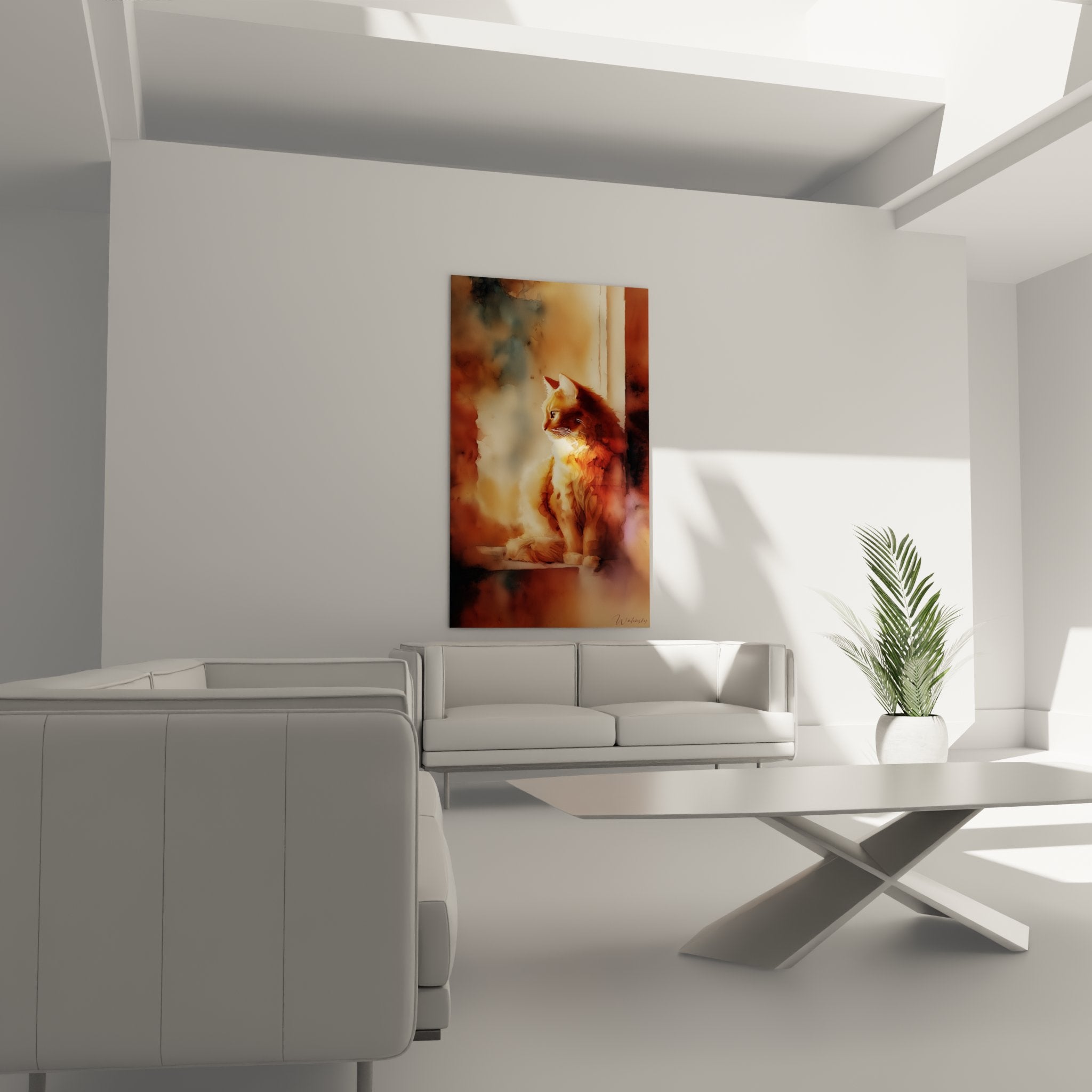 Détail proche tableau chat Somali, peinture artistique pelage roux textures impressionnistes