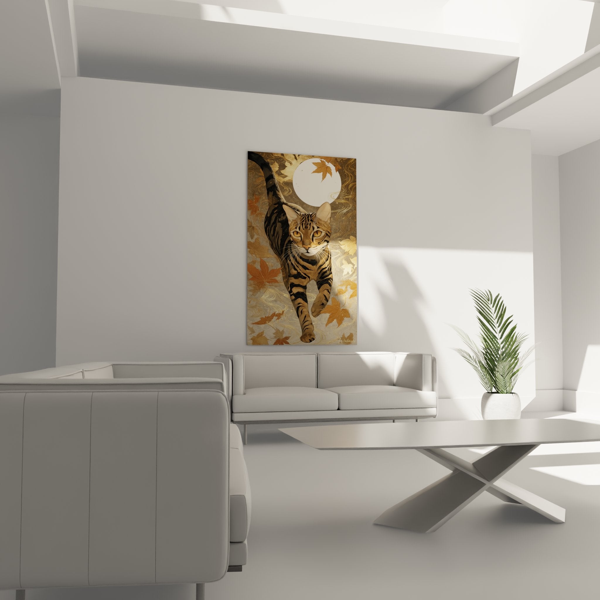 Détail du tableau montrant le chat Toyger aux yeux dorés et rayures distinctives sous la lune