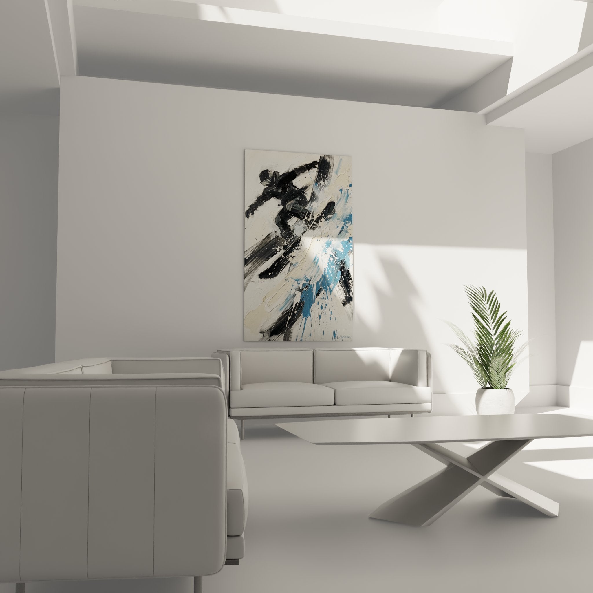 Detail peinture abstraite snowboard coups pinceau dynamiques eclaboussures bleu noir blanc texture