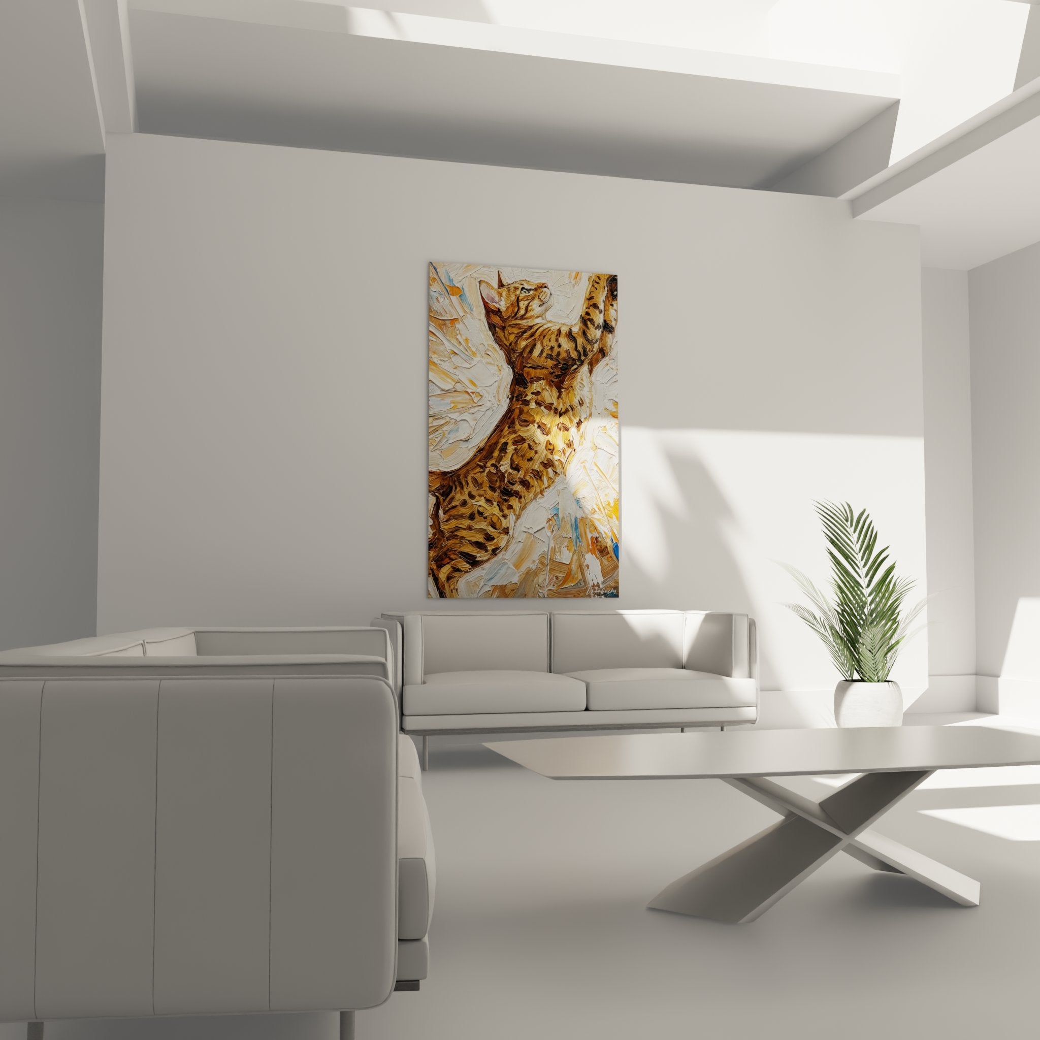 Detail technique impasto tableau chat Ocicat texture peinture relief coups pinceau expressifs tons ocre