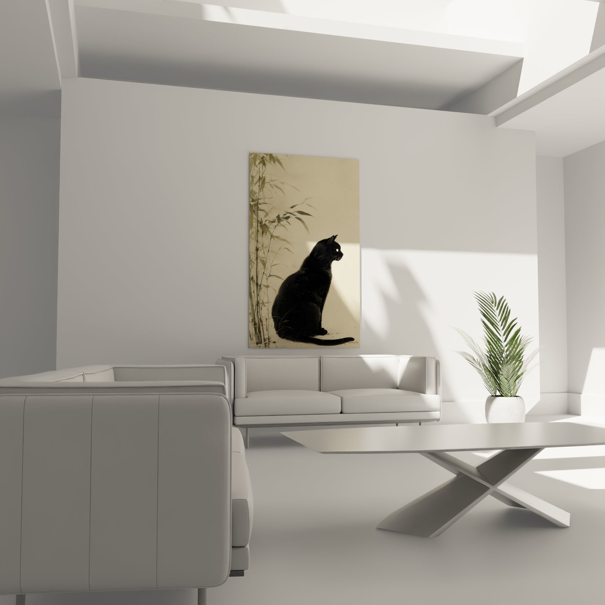 Nahaufnahme Kunstdruck schwarze Katze elegante zarte Bambusmalerei asiatischer Zen-Stil