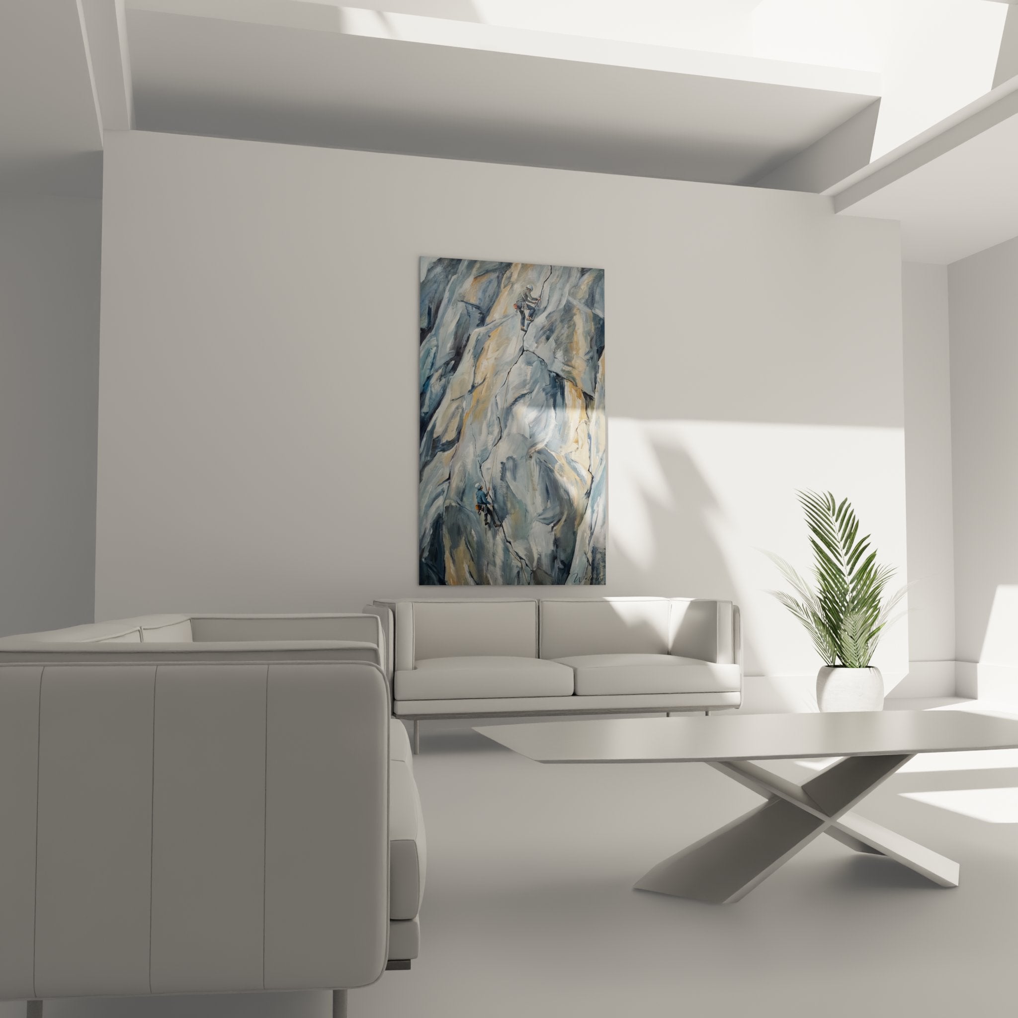 Climbing painting detail texture rock and climber in action with harness and dynamic rope