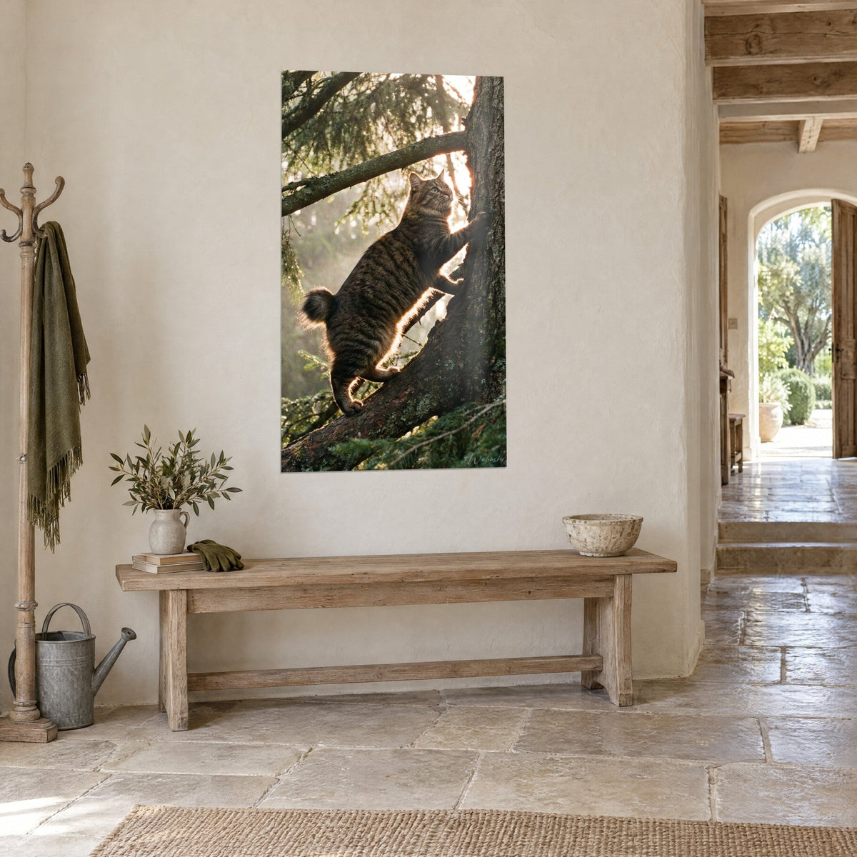 Quadro bobtail dal pelo grigio-bruno a strisce, zampe agganciate alla corteccia muschiosa, foschia verde, su un muro di pietra chiara