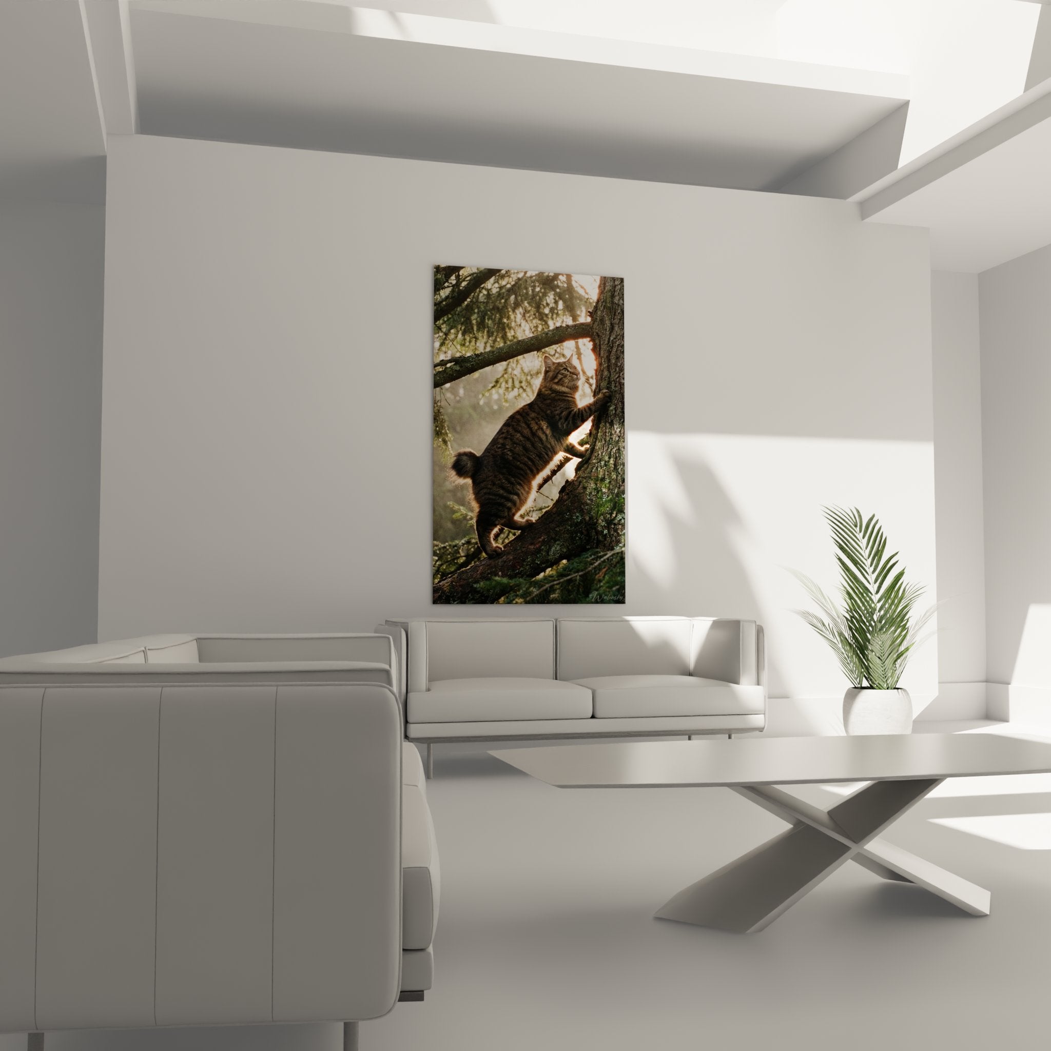 Close-up of striped Kurilian Bobtail cat climbing textured tree trunk with detailed bark