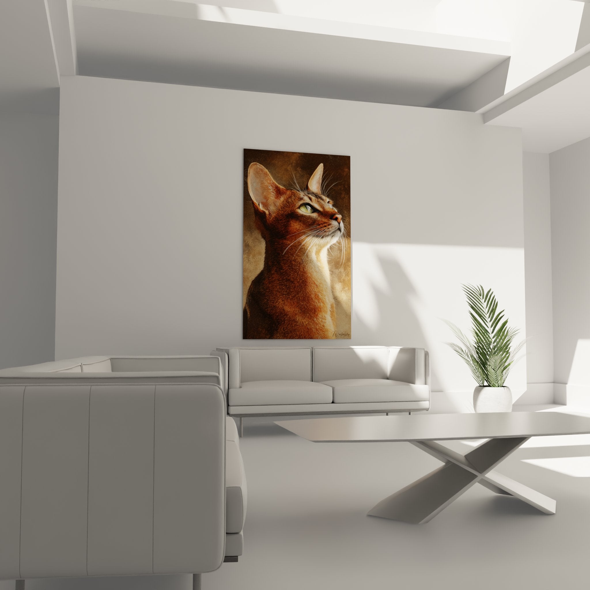 Close-up on the red coat details and green eyes of the Abyssinian cat in the artistic portrait