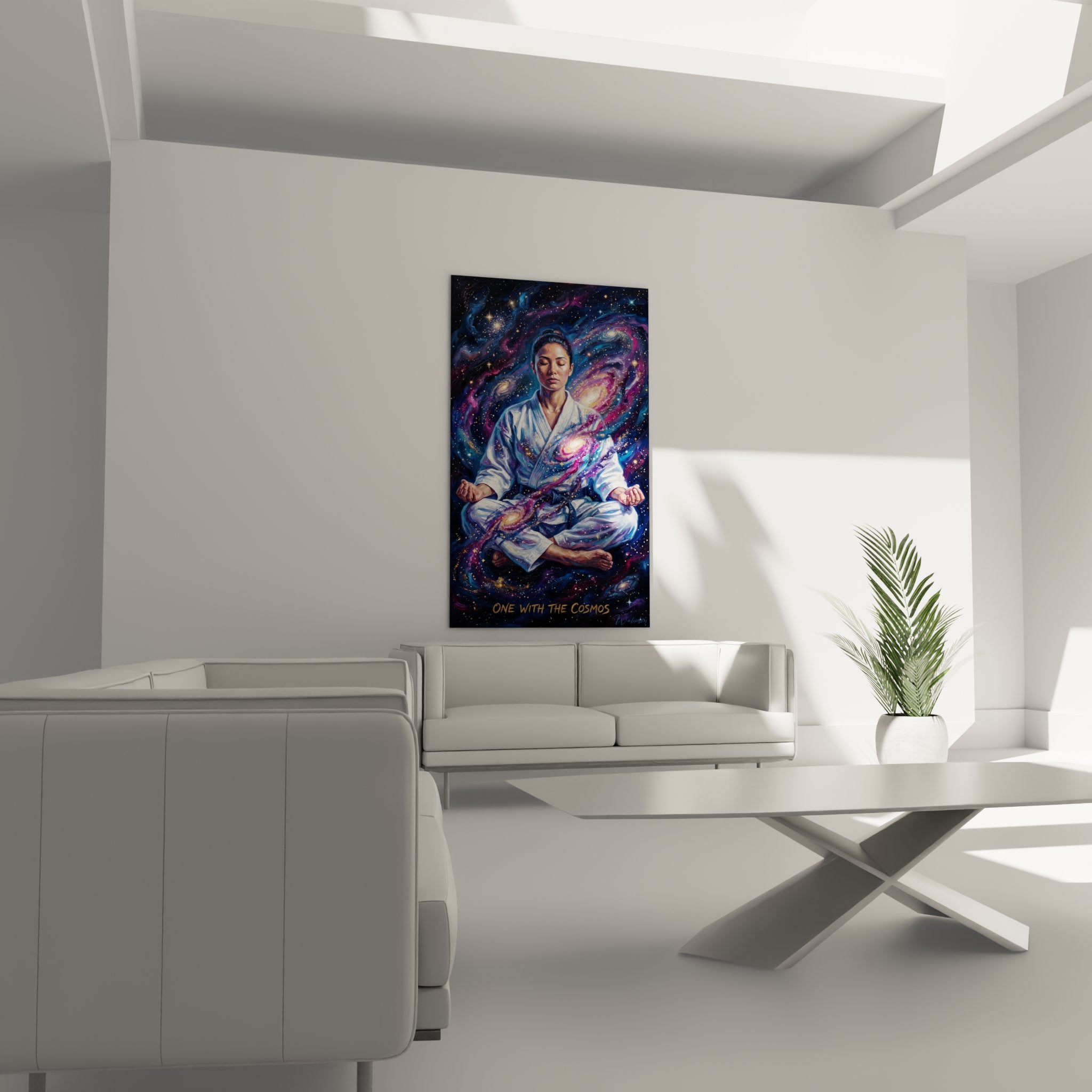 Détail tableau karatéka méditant en gi blanc entouré nébuleuses violettes et étoiles dorées