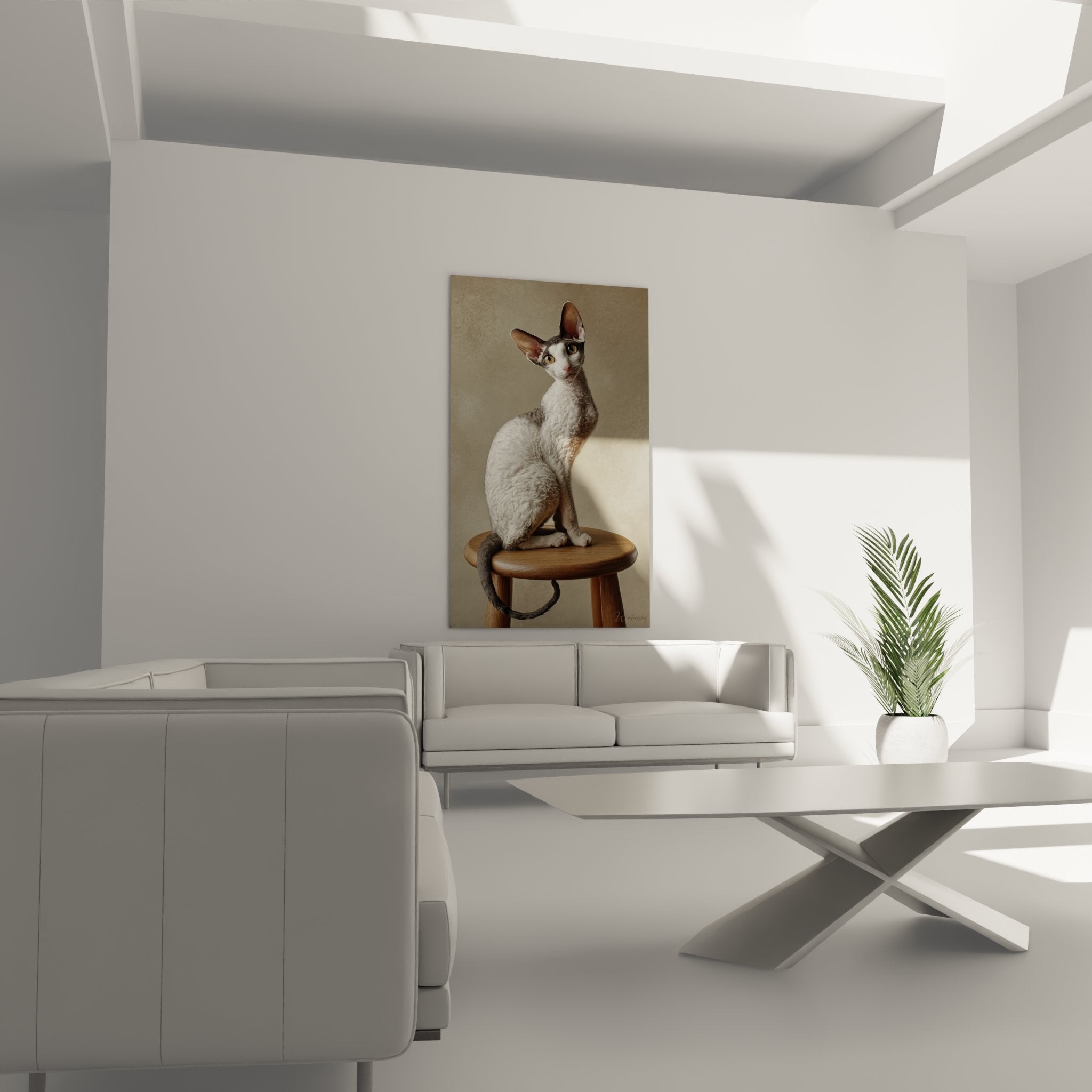 Primo piano gatto Cornish Rex bianco, dettaglio del mantello riccio e occhi dorati espressivi, arte felina alta qualità