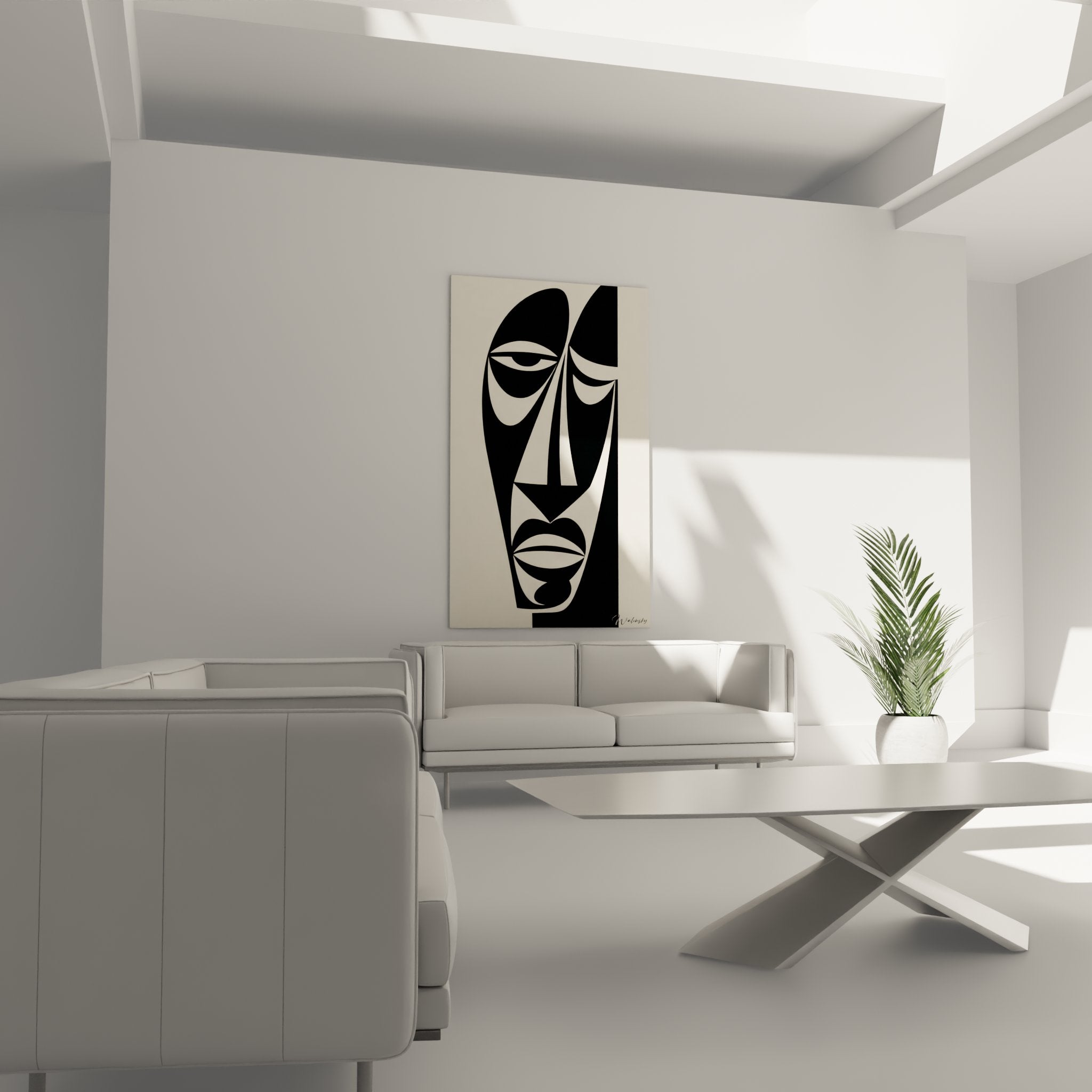 Close-up detail of geometric tribal mask wall art showing textures and stylized forms African art