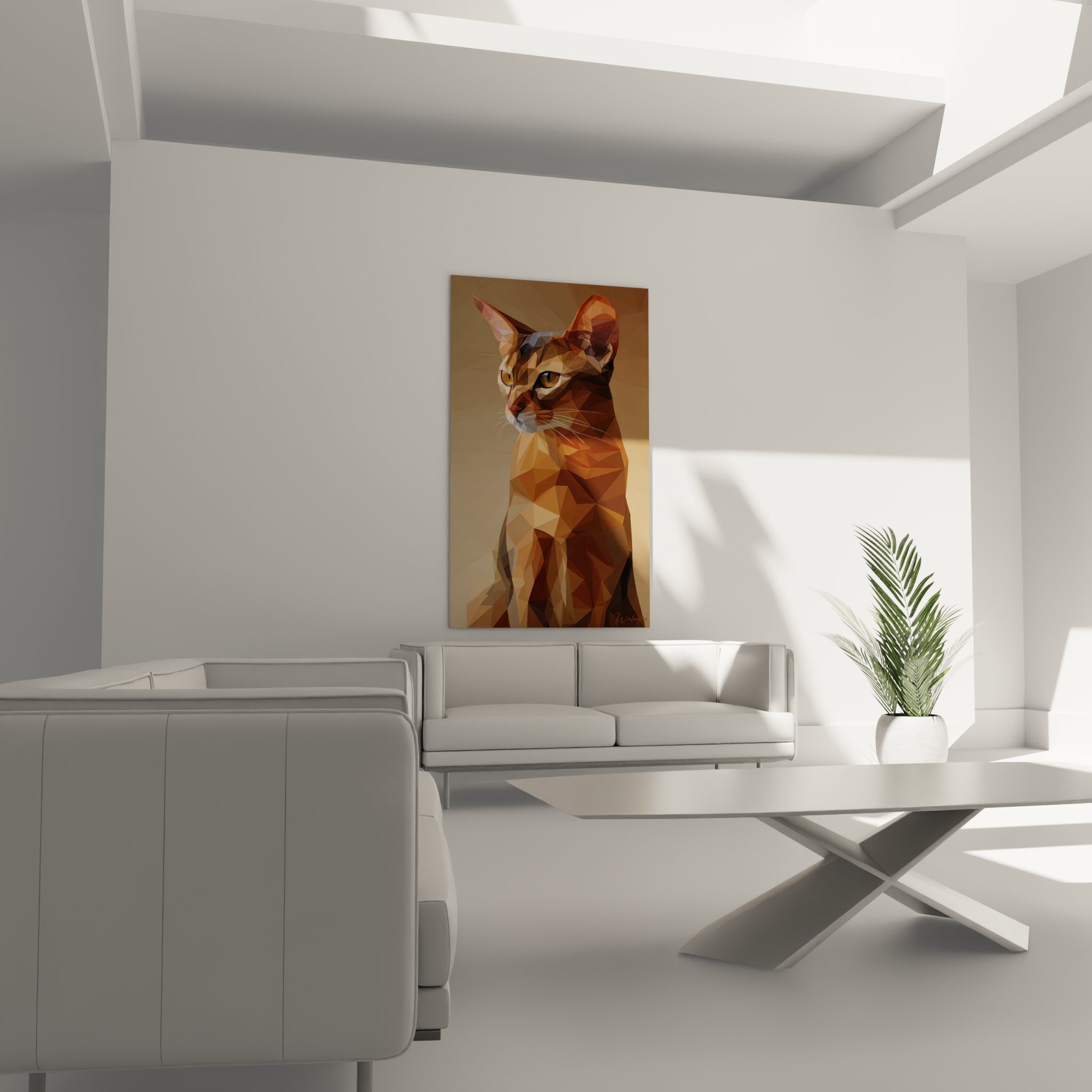 Detailporträt einer Abessinierkatze in polygonaler Kunstform mit ausdrucksstarken goldenen Augen und farbigen geometrischen Facetten