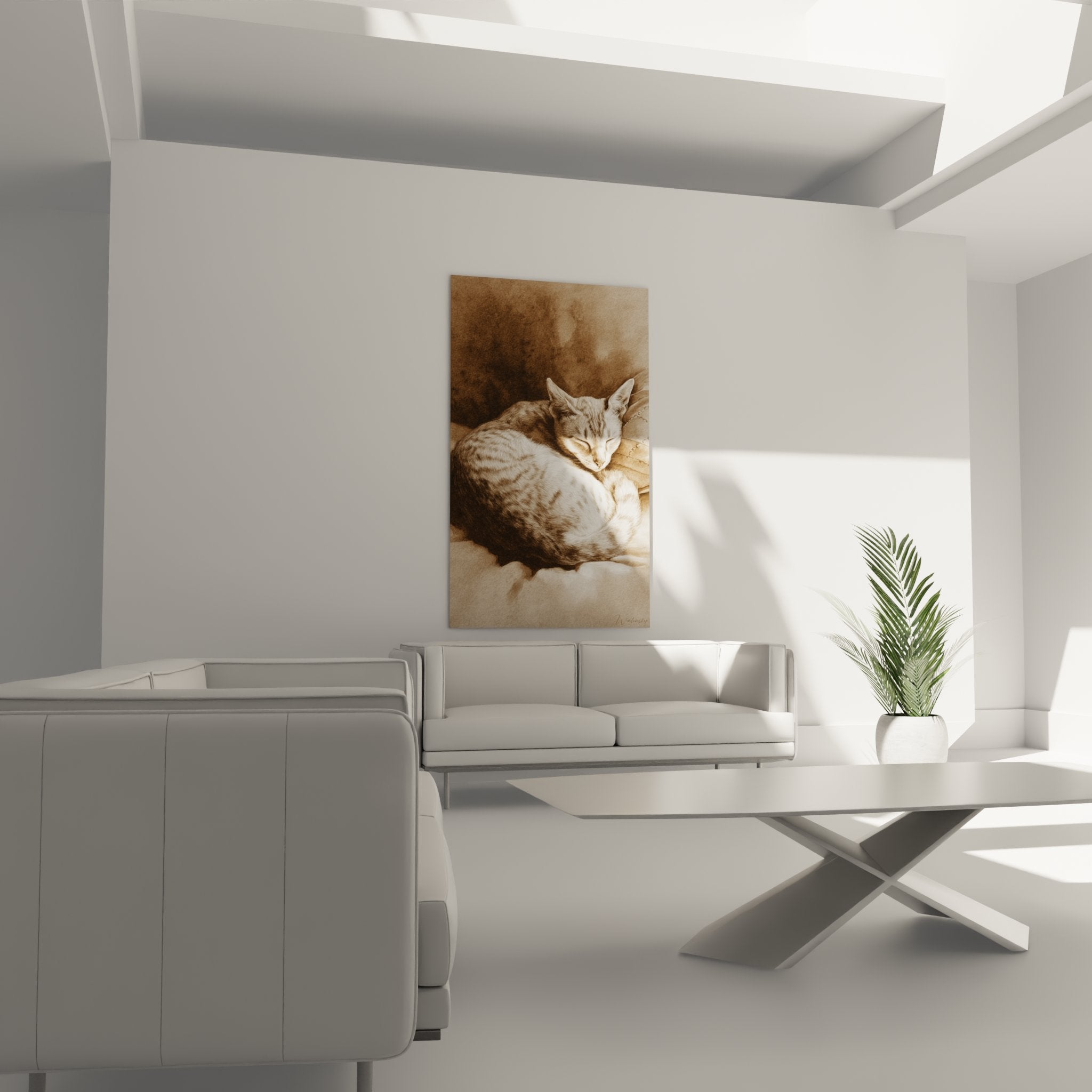 Artistic detail of a sleeping Singapura cat's tabby coat, refined and realistic sepia technique