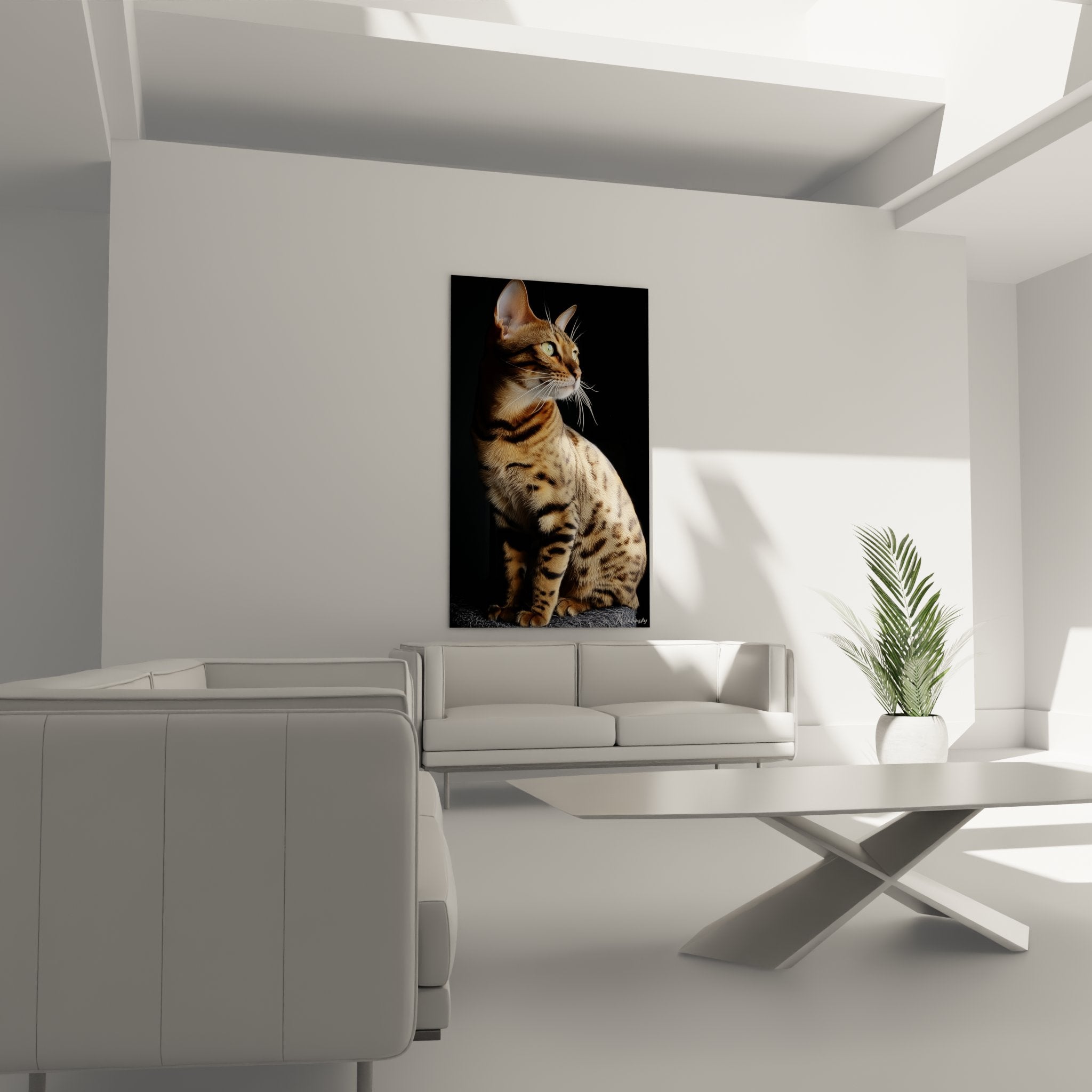 Detail portrait chat Toyger yeux verts perçants moustaches pelage raye texture realiste haute qualite