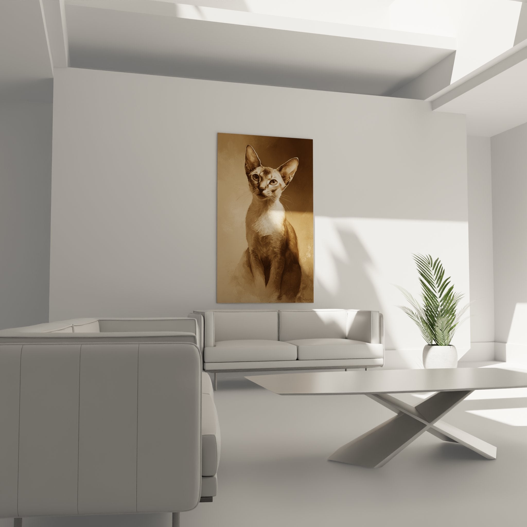 Détail rapproché du tableau chat Singapura montrant les yeux expressifs et les détails artistiques sépia