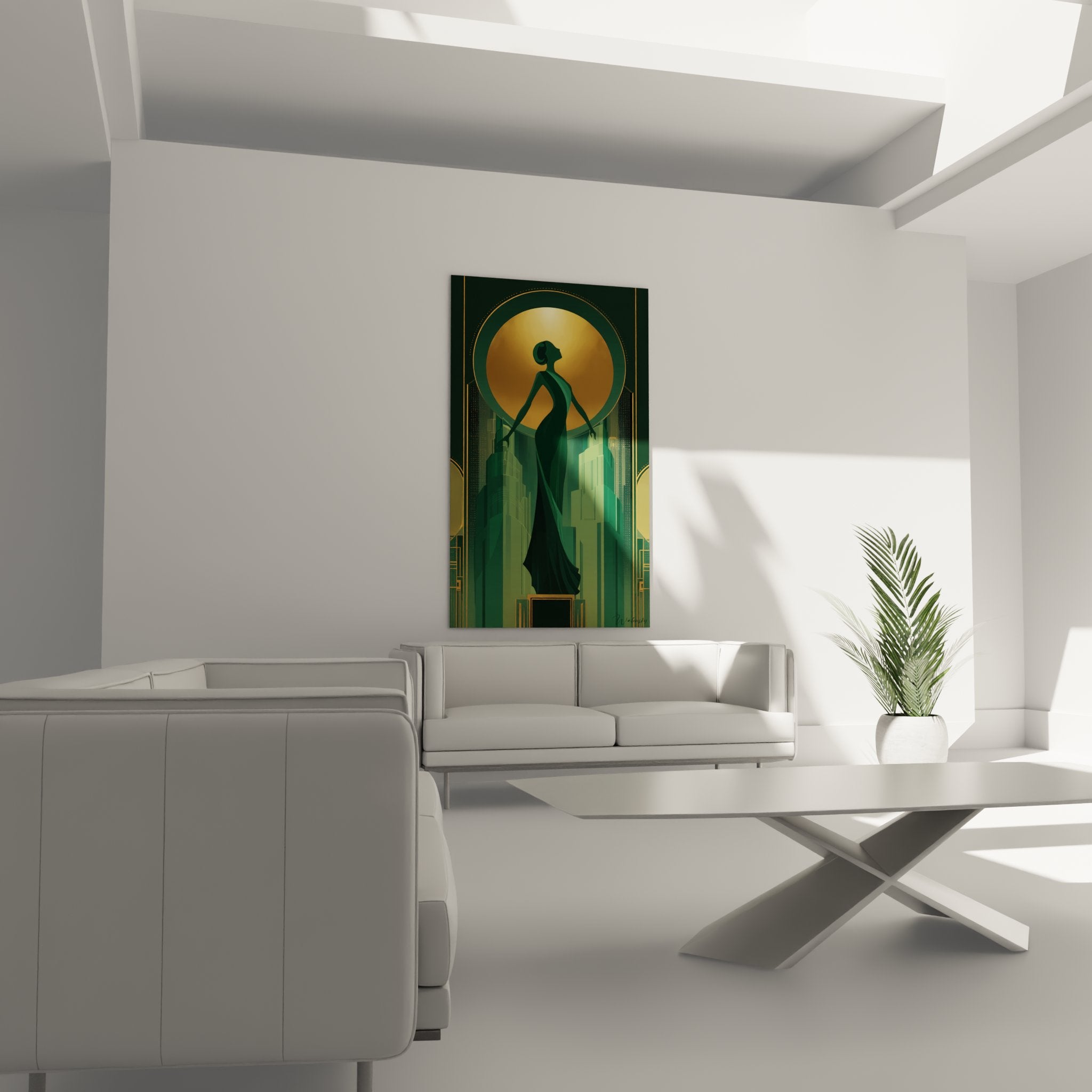 Dettaglio del quadro art déco che mostra i motivi geometrici dorati e la silhouette femminile stilizzata