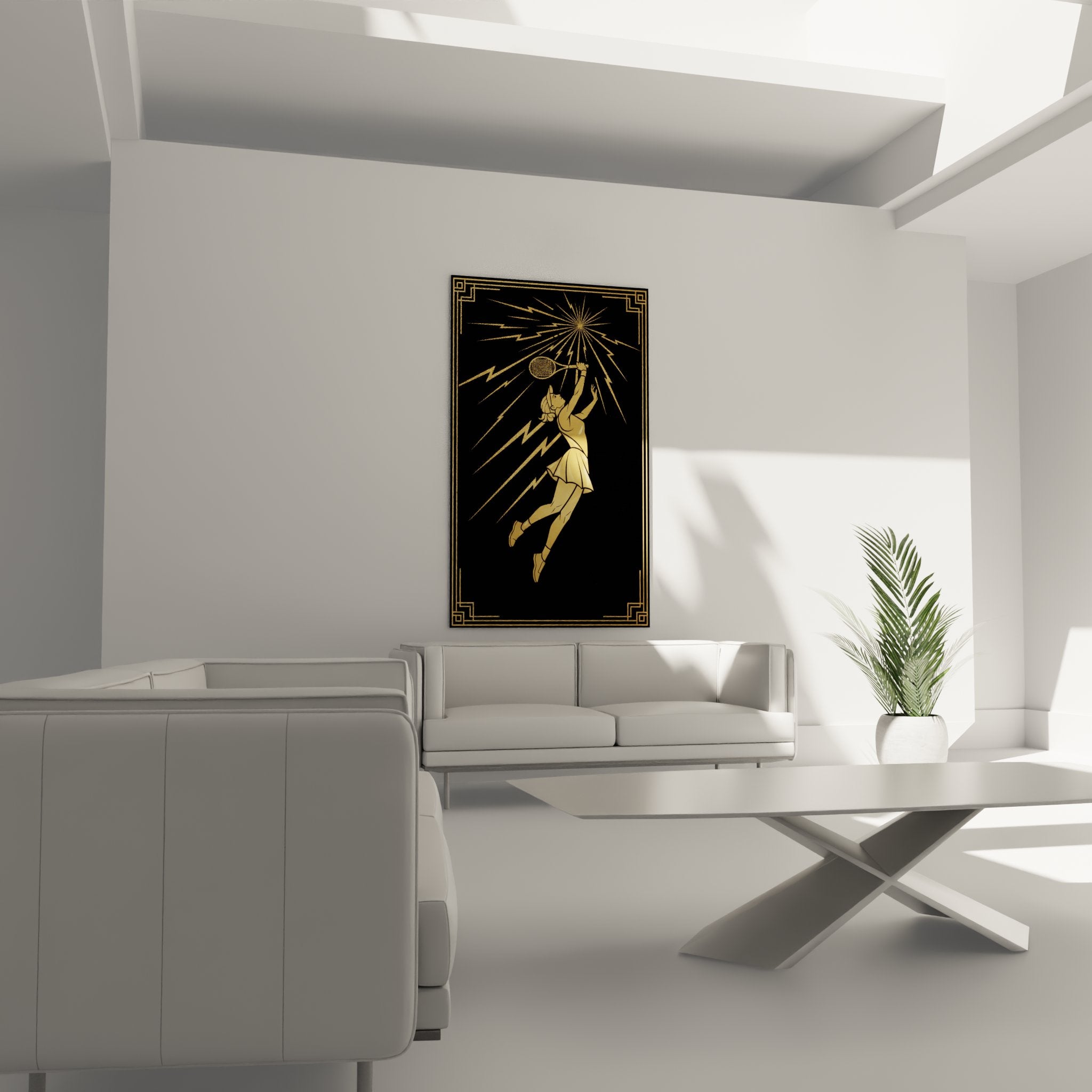 Détail tableau tennis silhouette joueuse dorée raquette service rayons lumineux or fond noir art mural