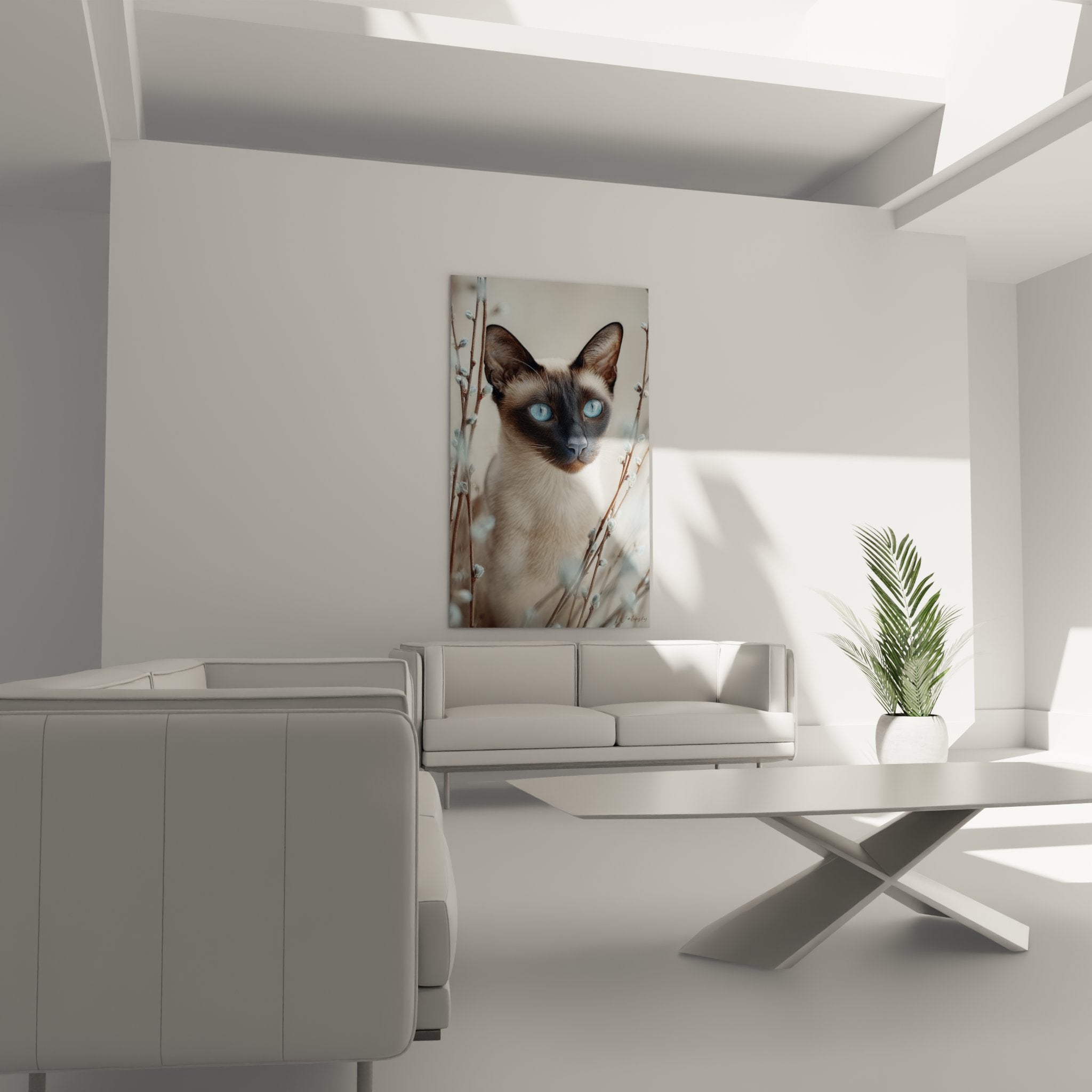 Close-up Balinese cat artwork pure breed, intense gaze crystalline blue eyes, photographic art