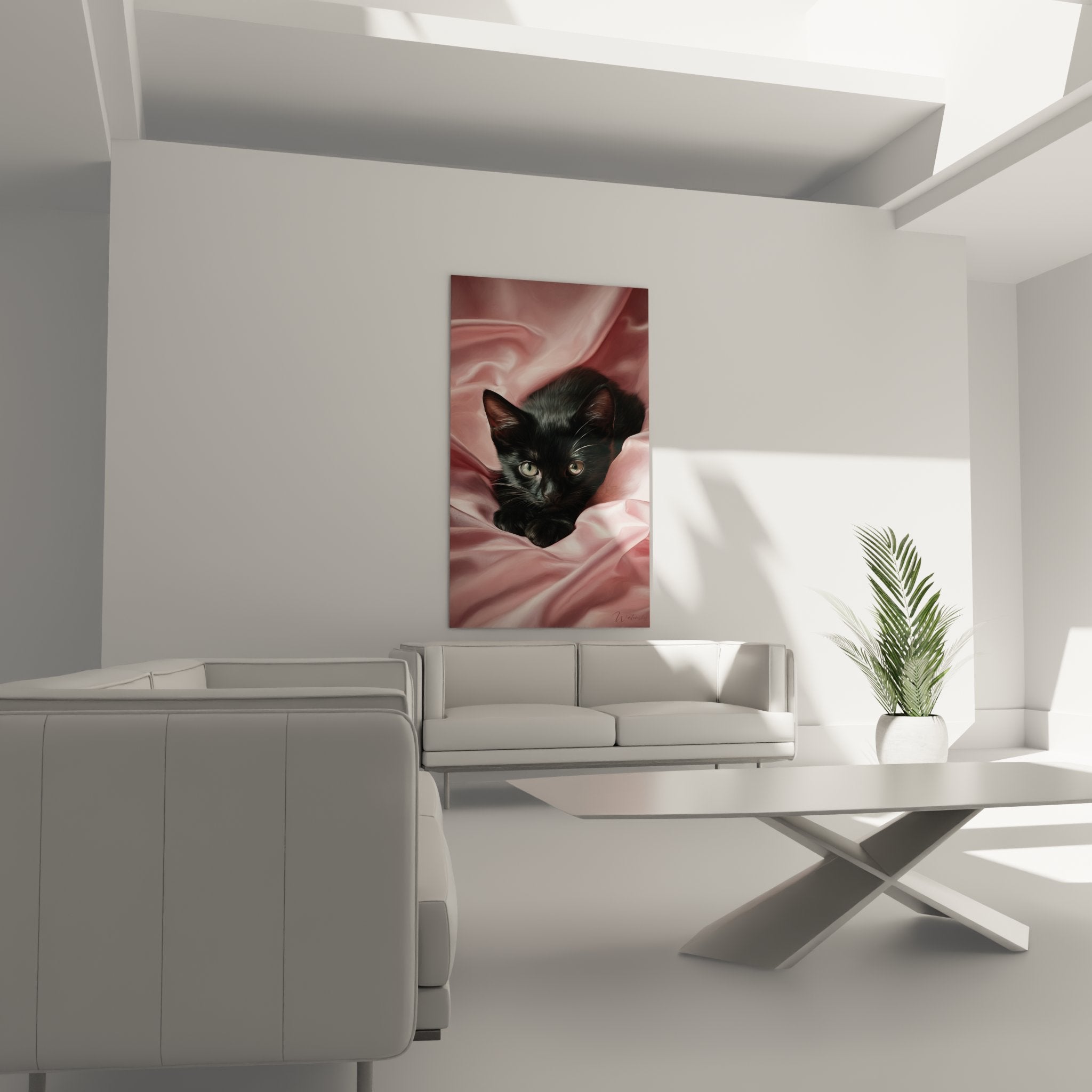 Nahaufnahme schwarzes Kätzchen Gemälde grüne Augen glattes Fell auf rosa Stoffen künstlerisches Detail Bombay