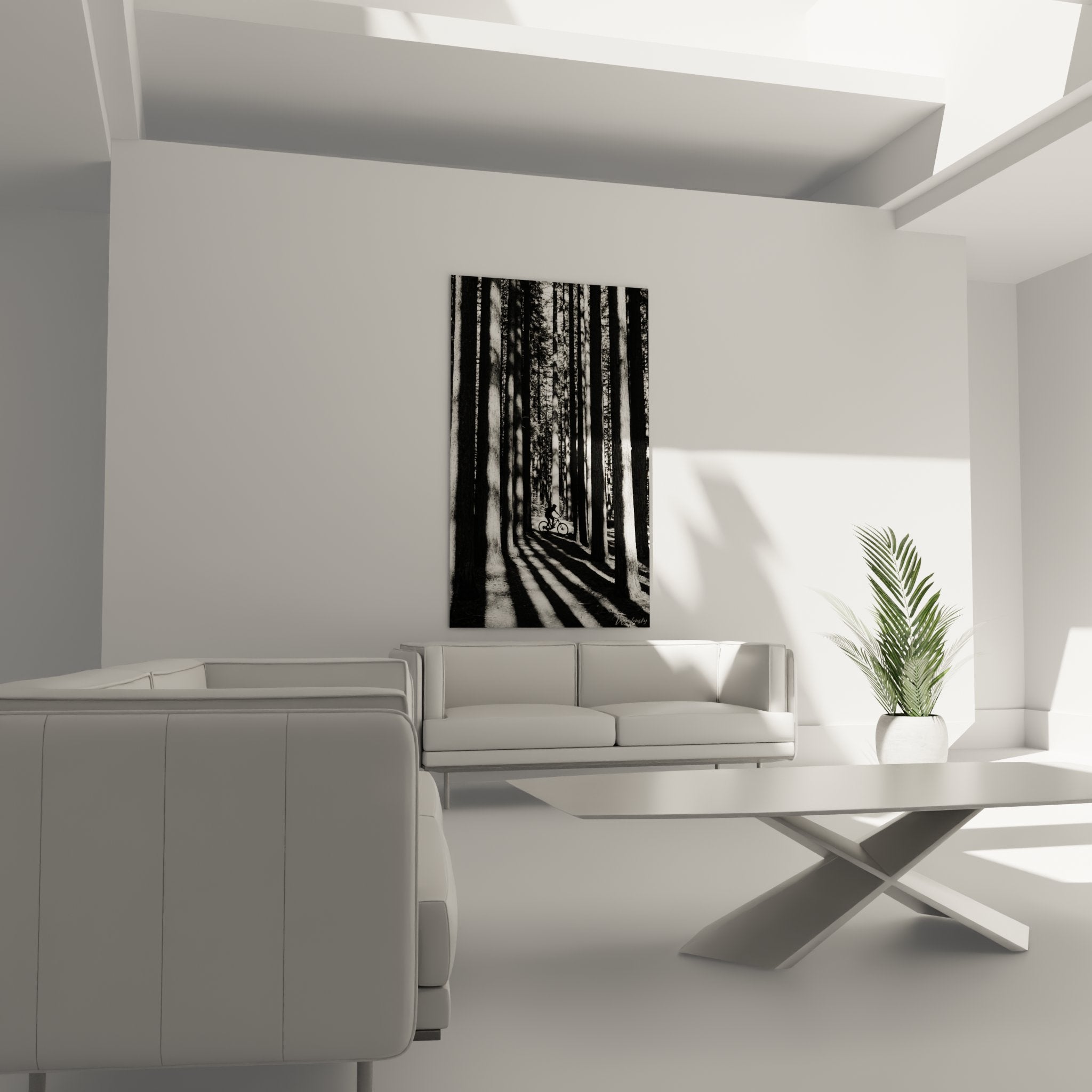 Détail du tableau VTT forêt montrant la texture et les contrastes entre ombres et rayons de soleil filtrants