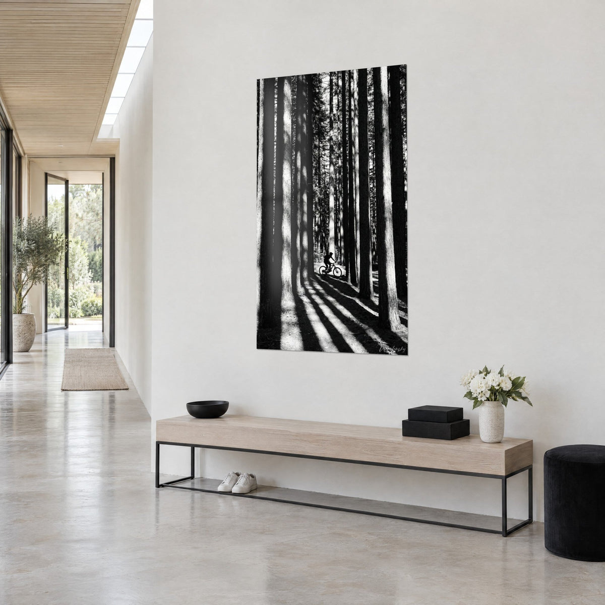 Tableau vététiste minuscule parmi de hauts pins, noir et blanc contrasté, ombres rayées au sol, mur clair et banc en bois, vue de trois-quarts
