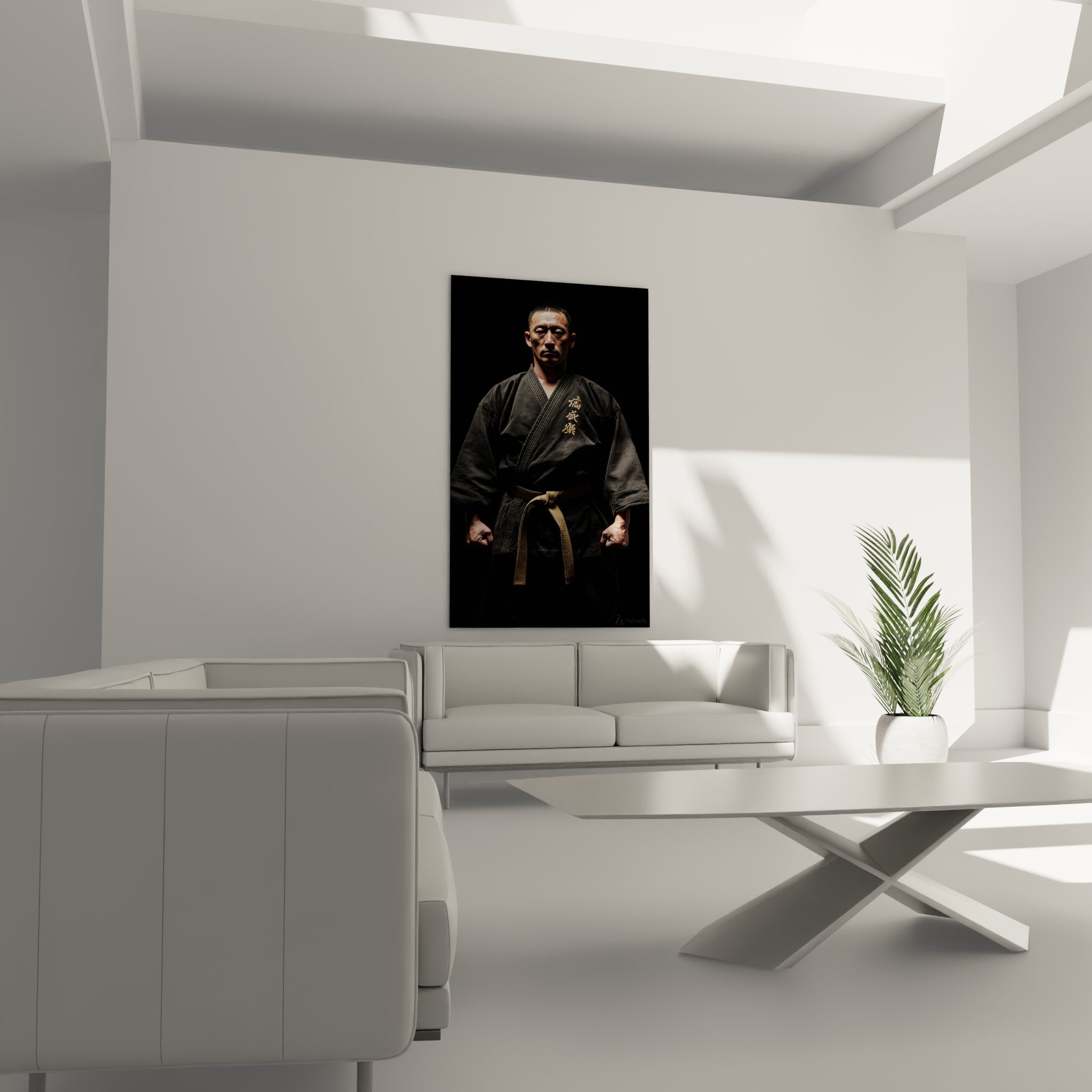 Gros plan tableau maitre karate montrant details kimono noir brode et expression determinee du sensei