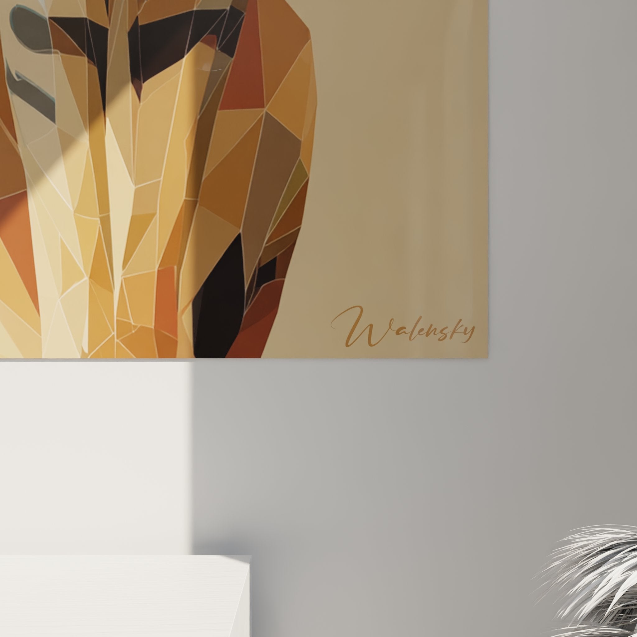 Vista panoramica quadro murale gatto Serengeti stile poligonale, arte contemporanea decorazione interni moderna