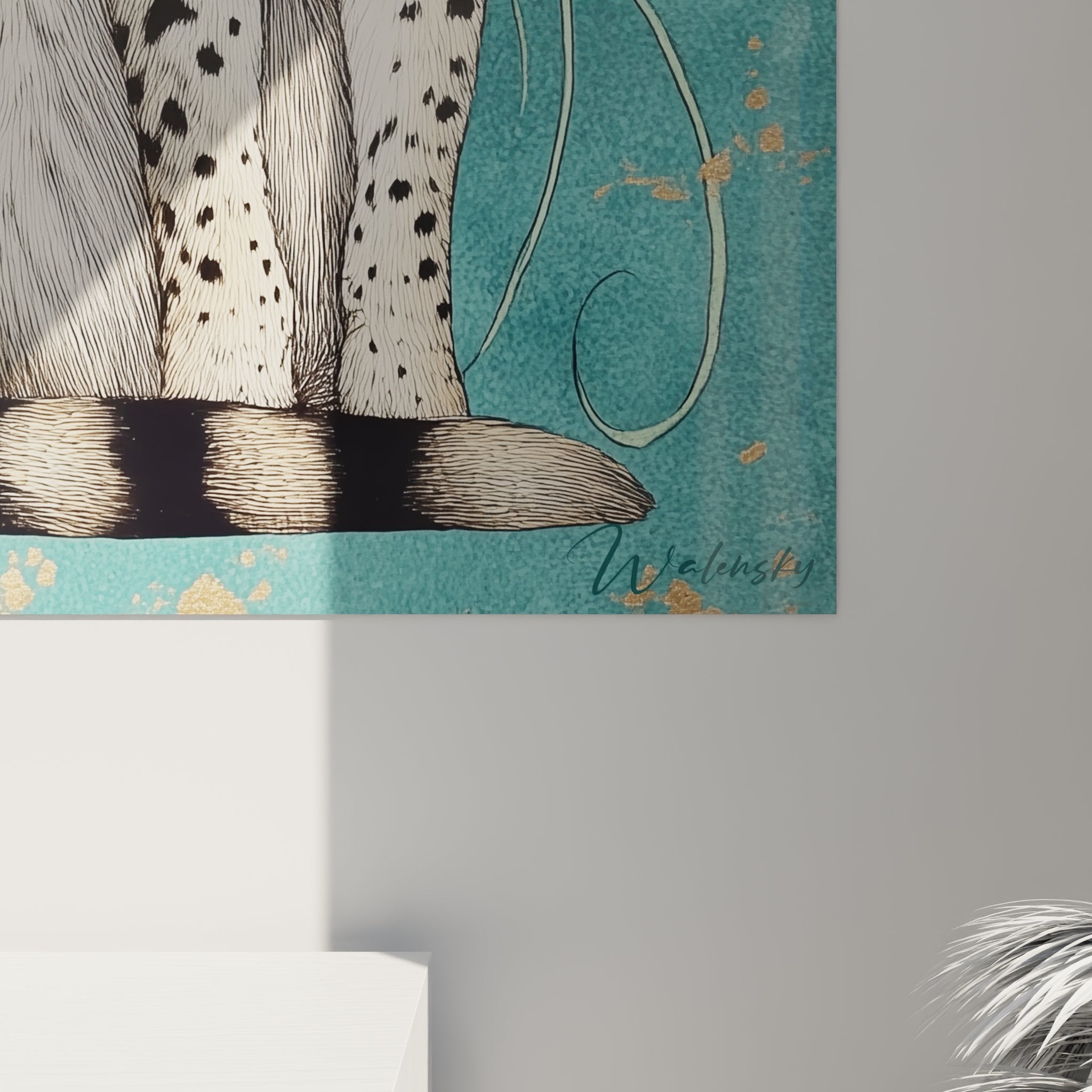 Perspective view cat painting Serengeti exotic flowers wall art contemporary feline artwork