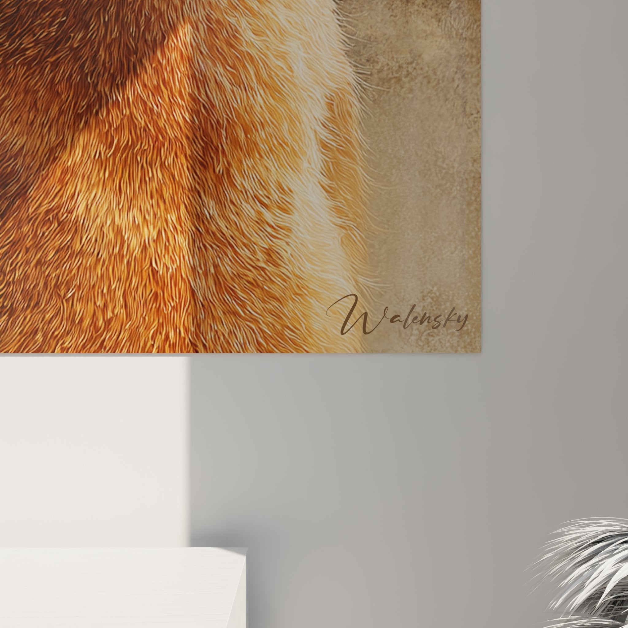 Overview of the Abyssinian cat portrait wall art in an interior setting with decorative styling