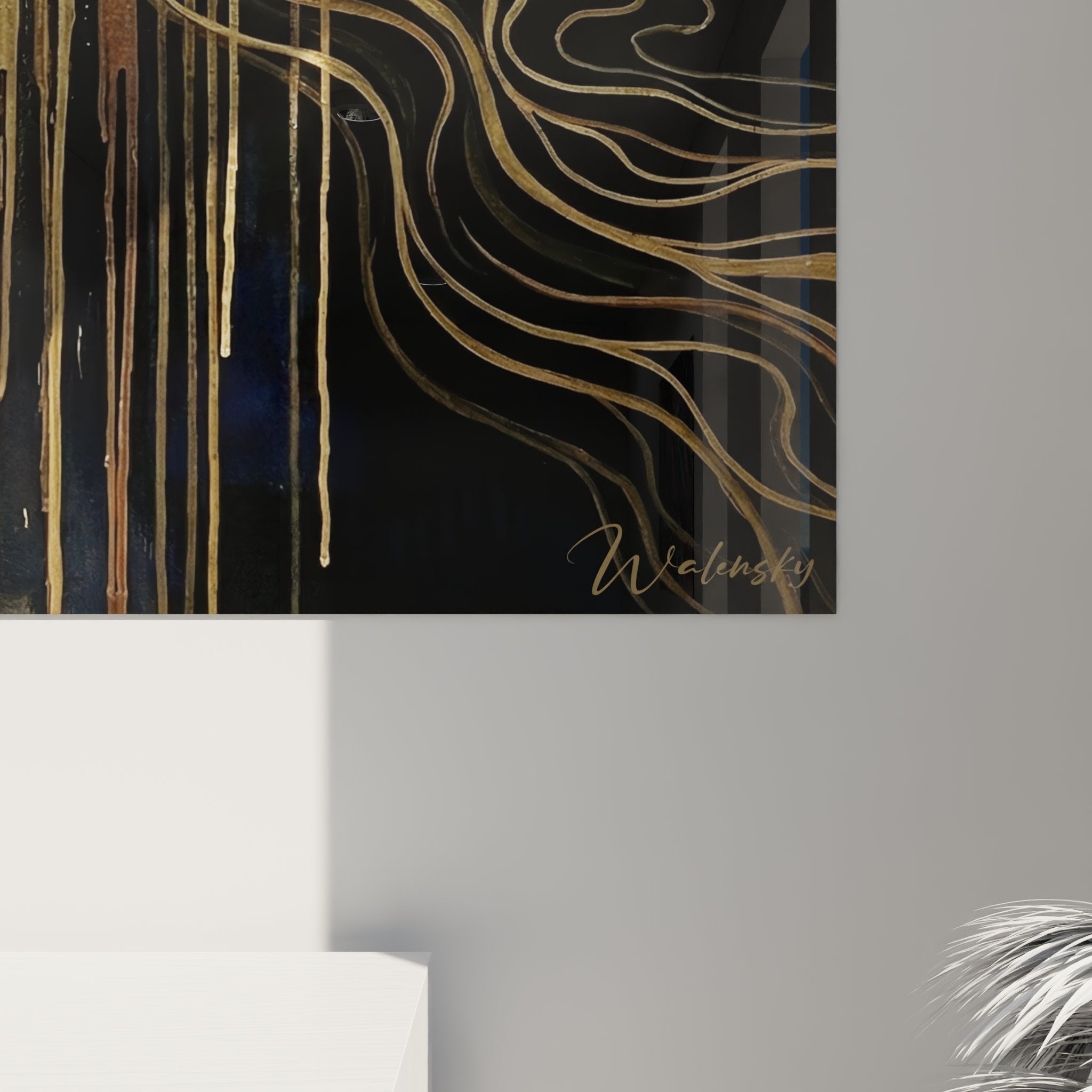 Vue d'ensemble tableau jetski tempête dorée, art mural contemporain aux nuances bleues et or