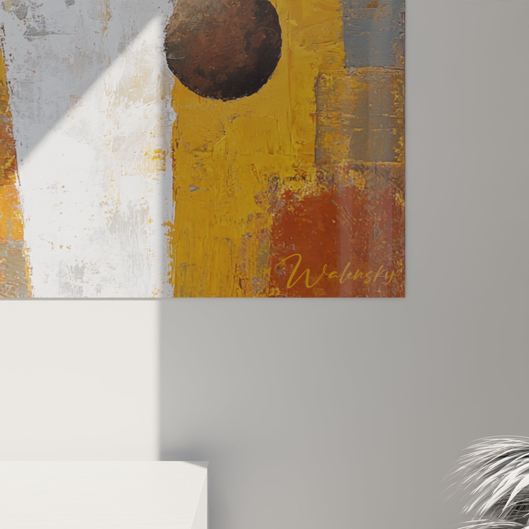 Overall view African art painting woman flower bouquet modern interior decoration golden ochre palette