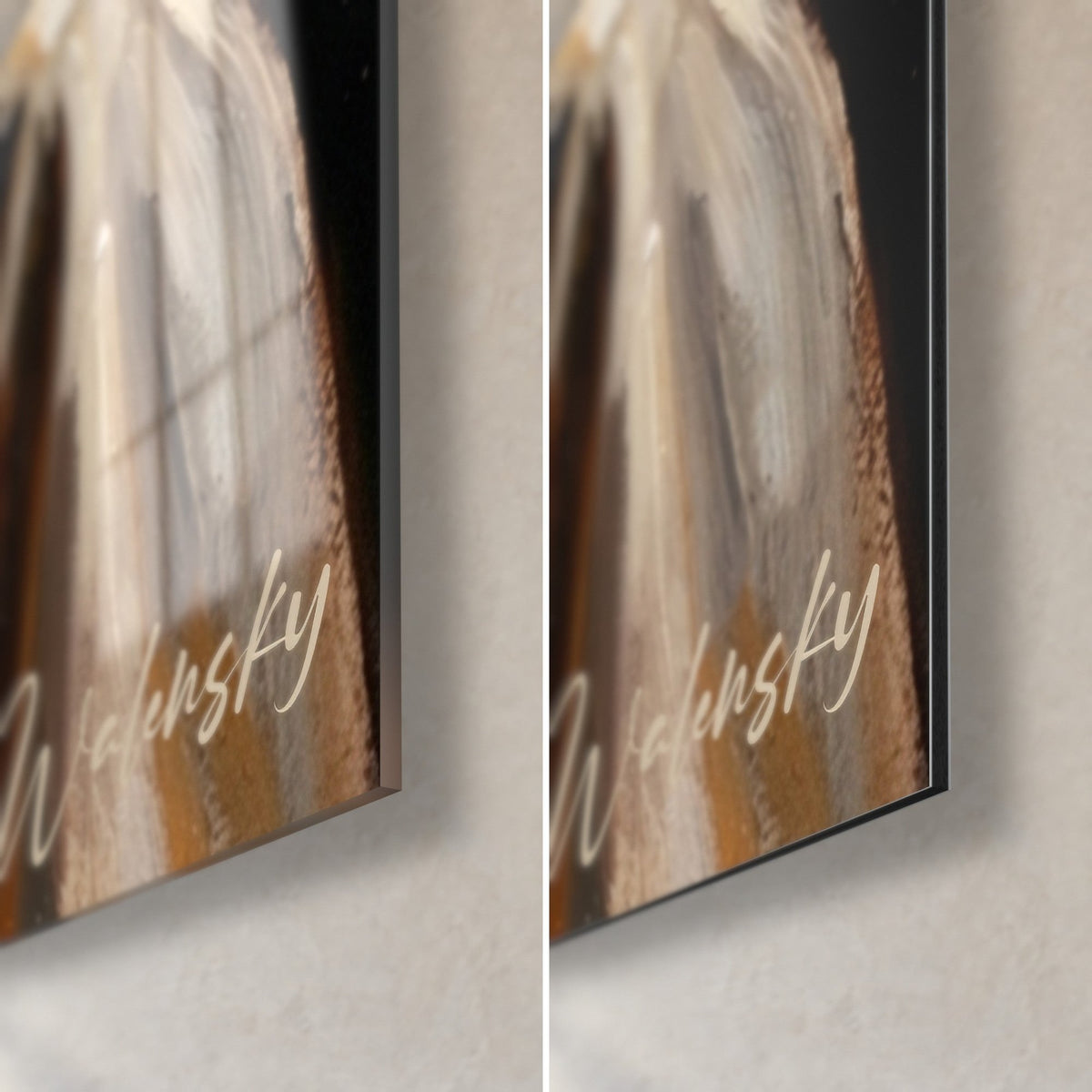 Wall art of a karate tiger in a white gi, bottom right corner, Walensky signature, glossy glass and matte Dibond, 3 mm thick
