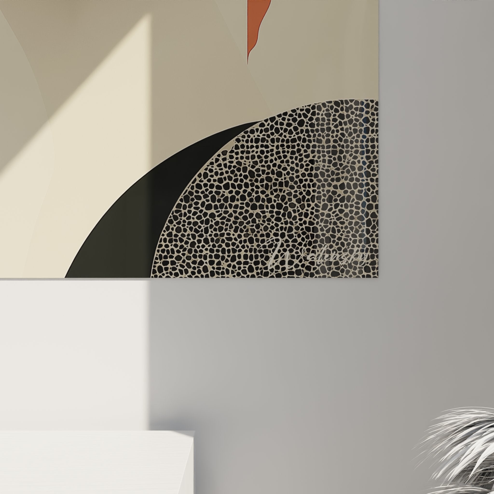 Overall view of modern woman art deco wall art painting with pendant earrings and geometric patterns interior decoration