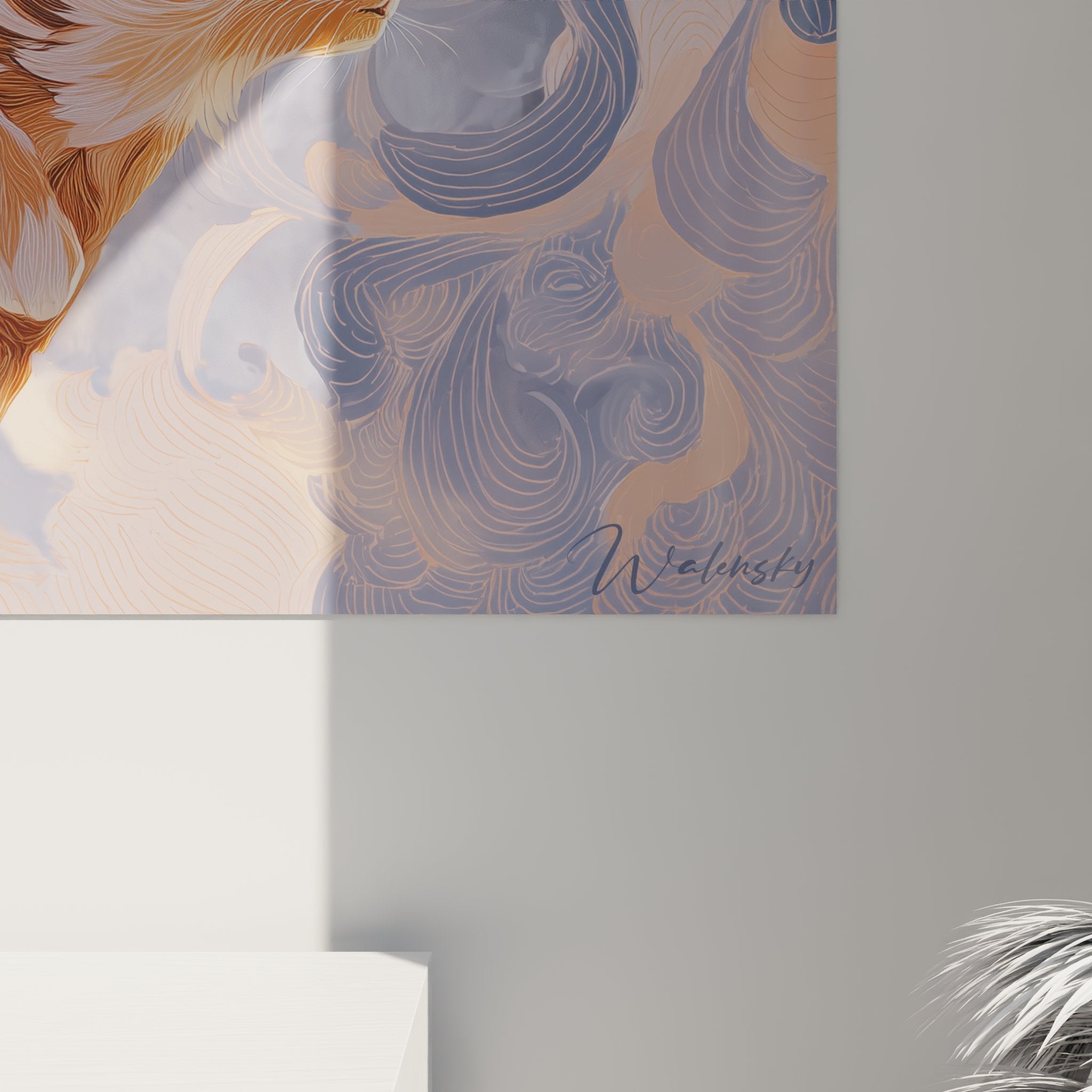 Schrägansicht Gemälde Somali-Katze auf Leinwand-Chassis, Rahmendicke und professionelle Wandfinish