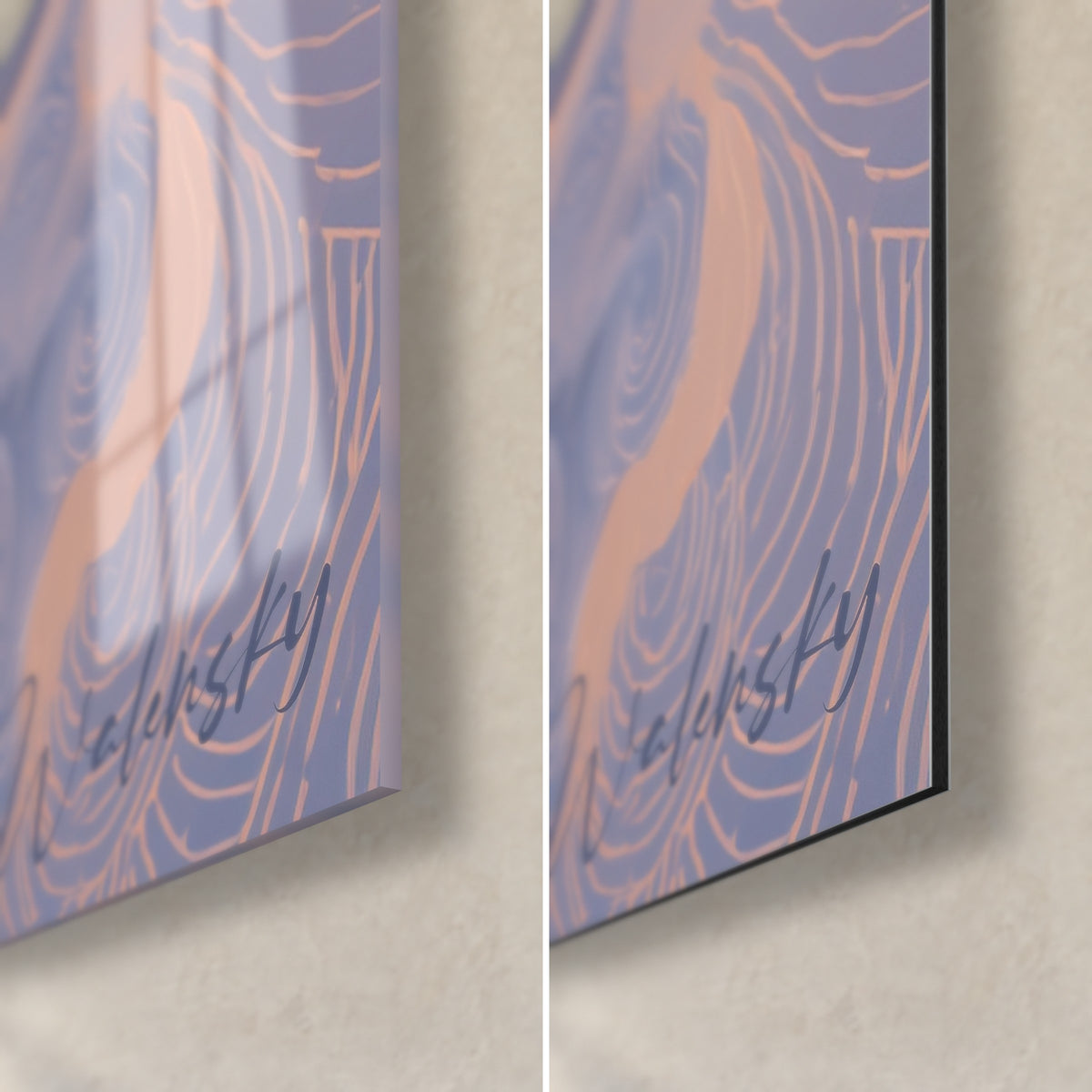 Tableau chat somali en volutes pêche et bleu lavande, coin bas droit : verre brillant à gauche, Dibond mat à droite