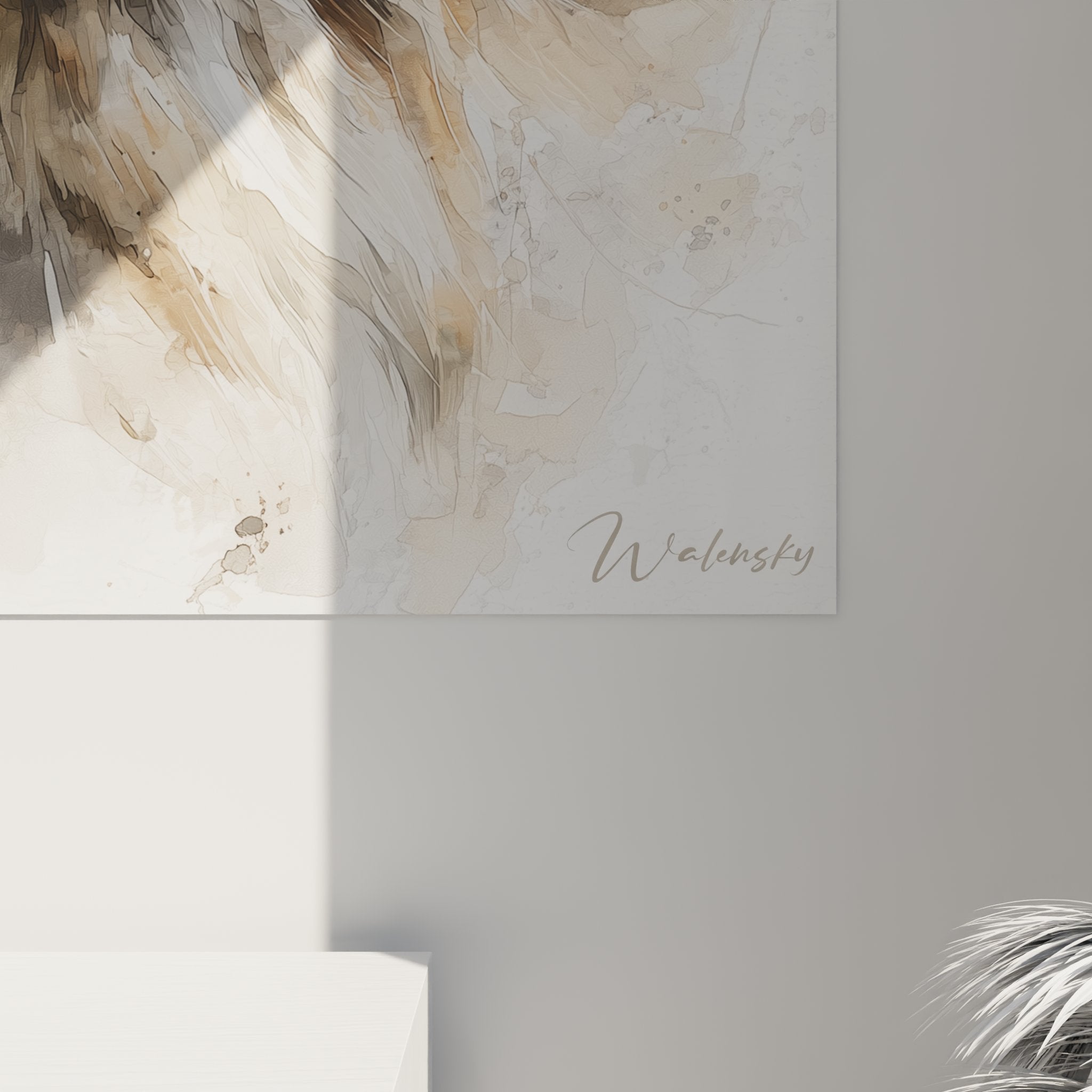 Perspective view of American Bobtail cat watercolor wall art in contemporary interior, decorative effect