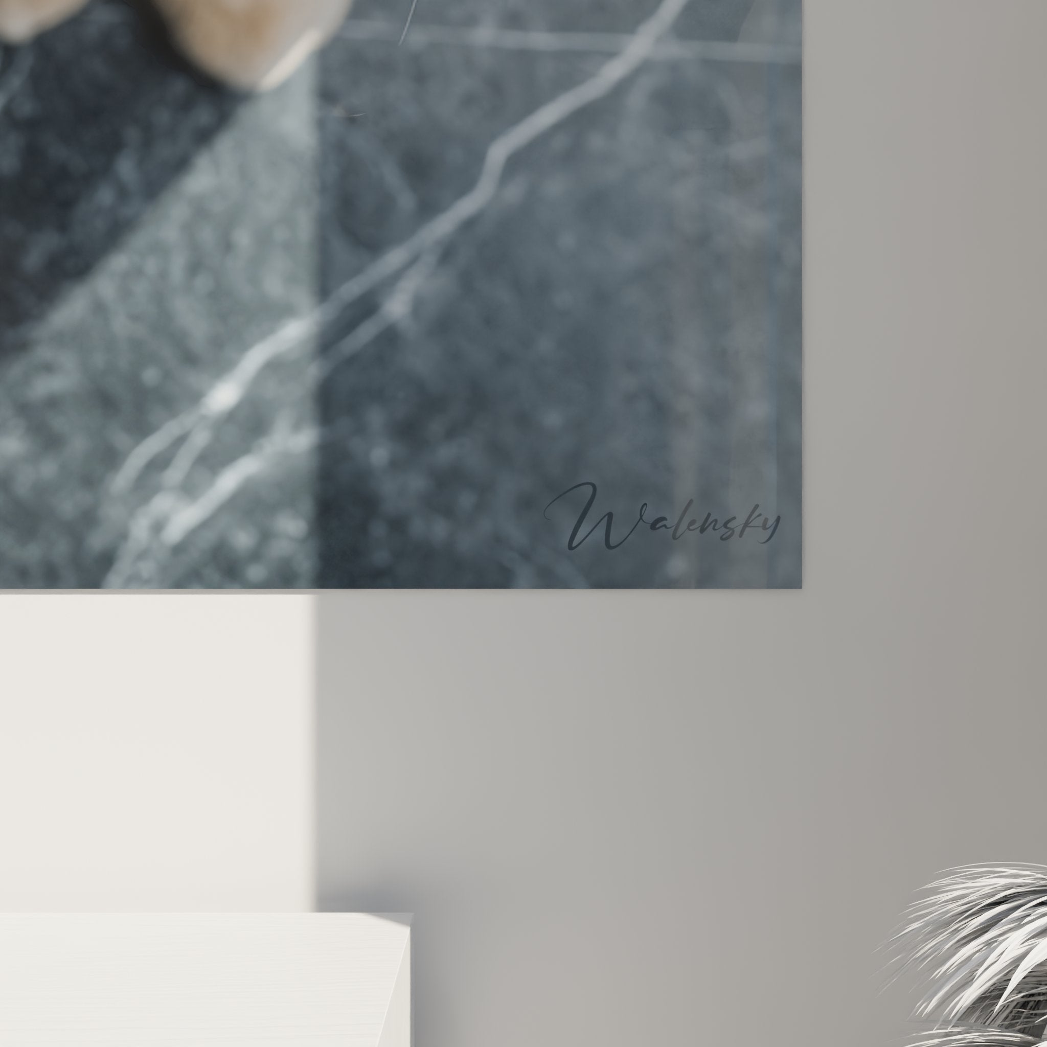 Vista generale quadro gatto British Shorthair crema su muro bianco, prospettiva decorativa d'interni