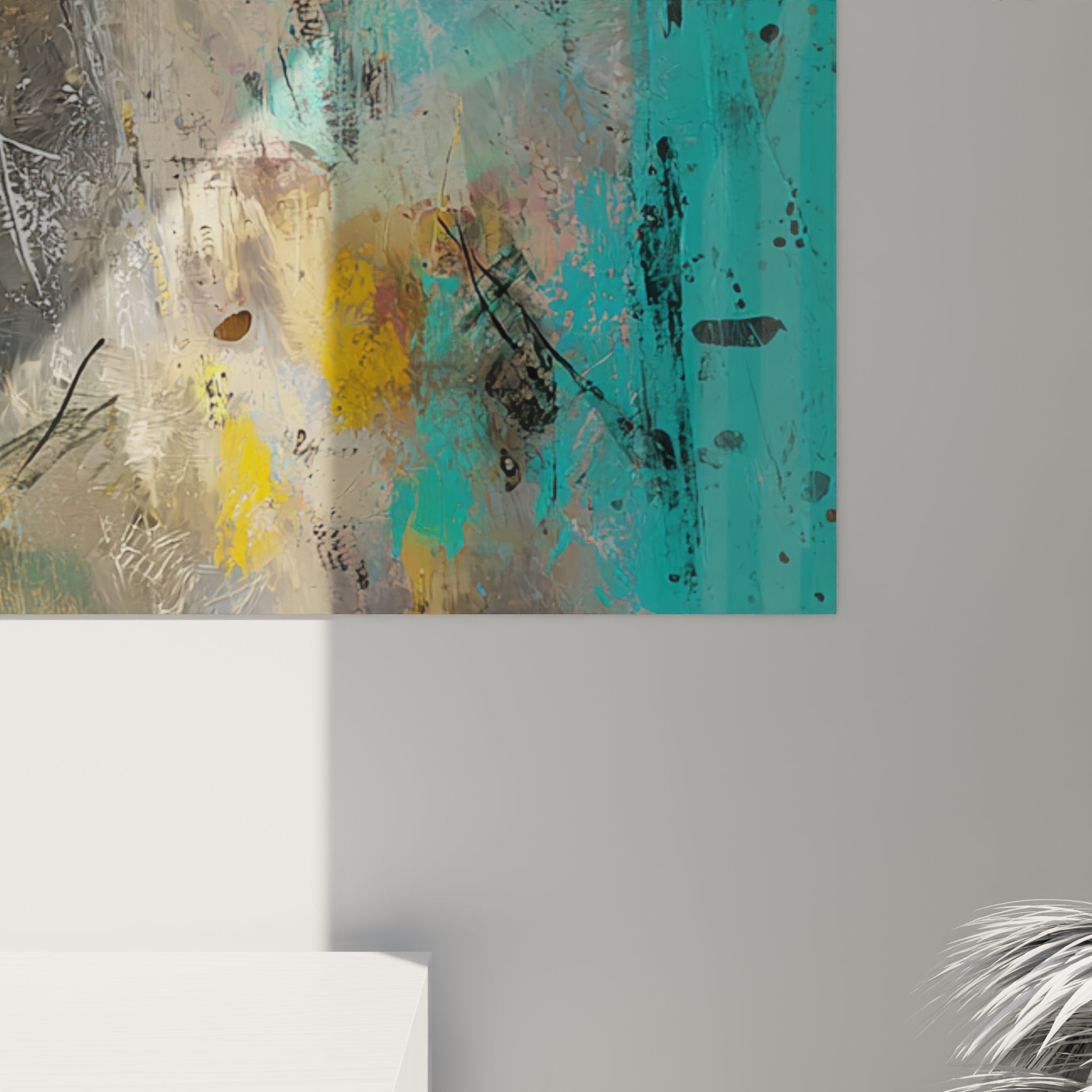 Vue d'ensemble tableau mural chat Scottish Fold dans intérieur moderne, art félin contemporain