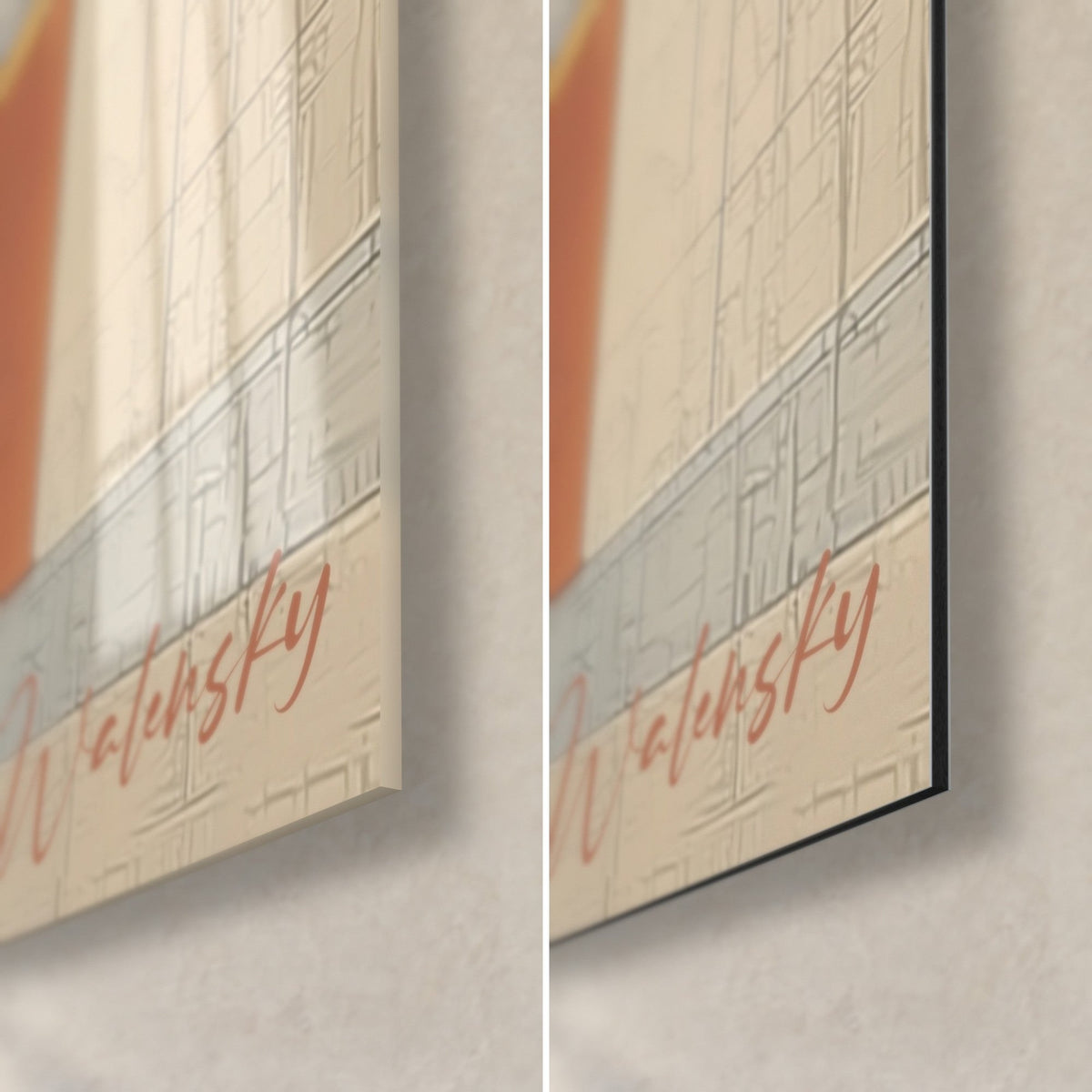 Wall art stylised elephant in ochre and grey blocks, bottom right corner: glossy acrylic glass on the left, matt Dibond on the right, 3 mm thickness