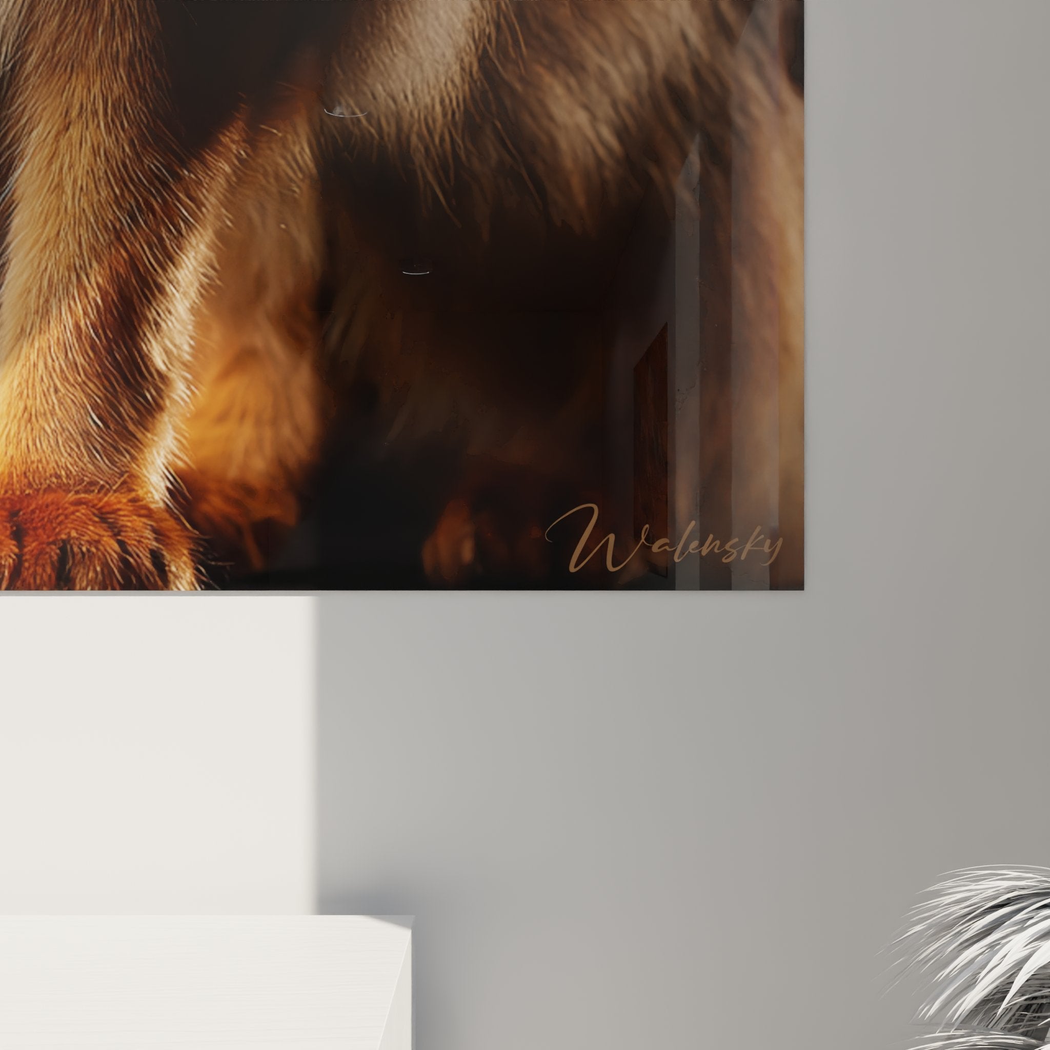 Vue d'ensemble tableau chat Somali dans intérieur moderne, art mural félin aux tons chauds et naturels