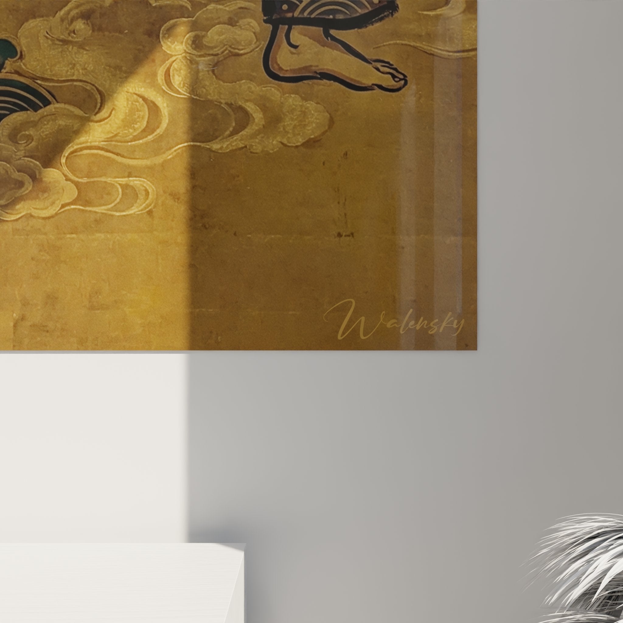 Vue d'ensemble tableau mural karaté avec maître en position combat sur toile effet doré japonais