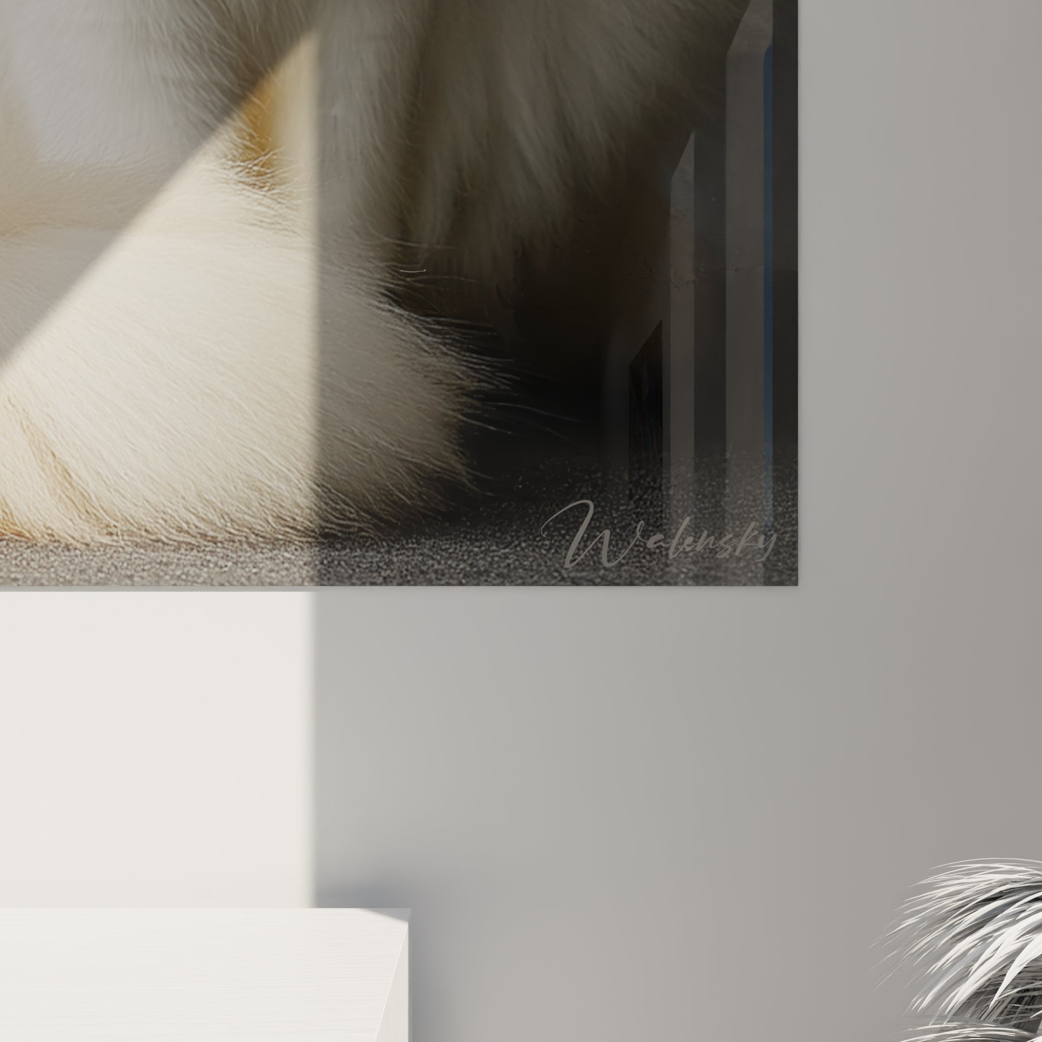 Vue ensemble tableau mural Turkish Van dans salon moderne decoration murale chat elegant