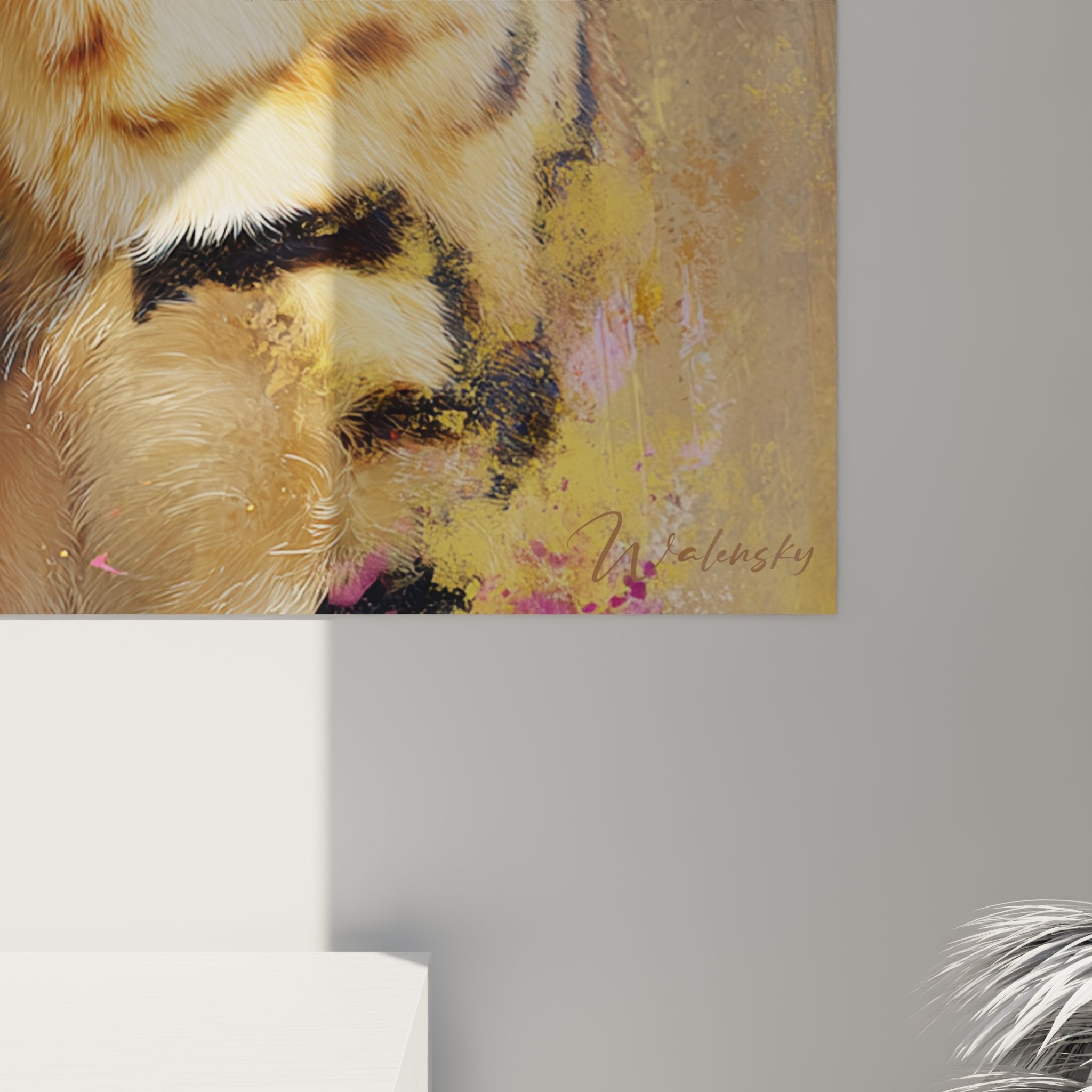 Vue d'ensemble tableau mural chat Bengal portrait, œuvre d'art félin avec effets peinture abstraite colorée