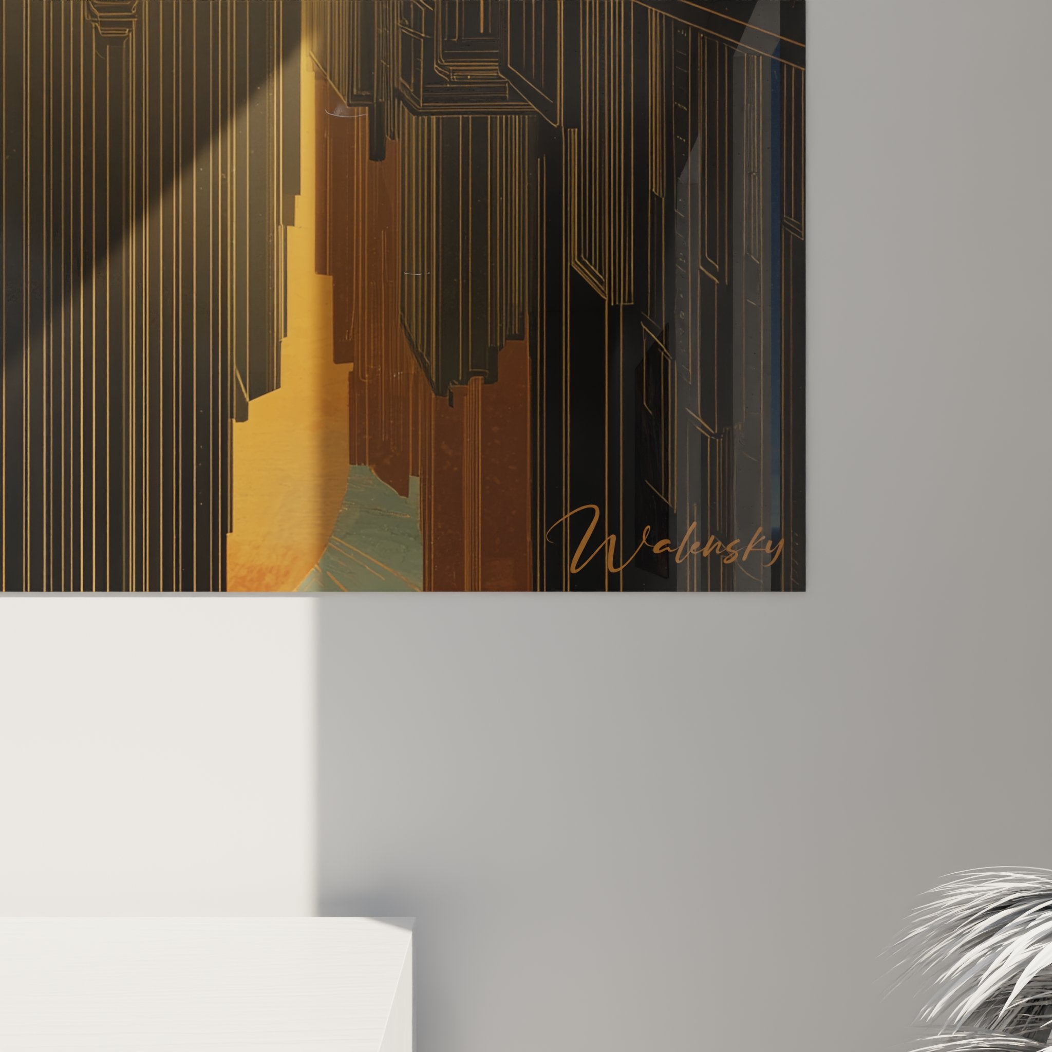 Vista d'insieme del quadro murale art déco città futuristica in un interno contemporaneo elegante