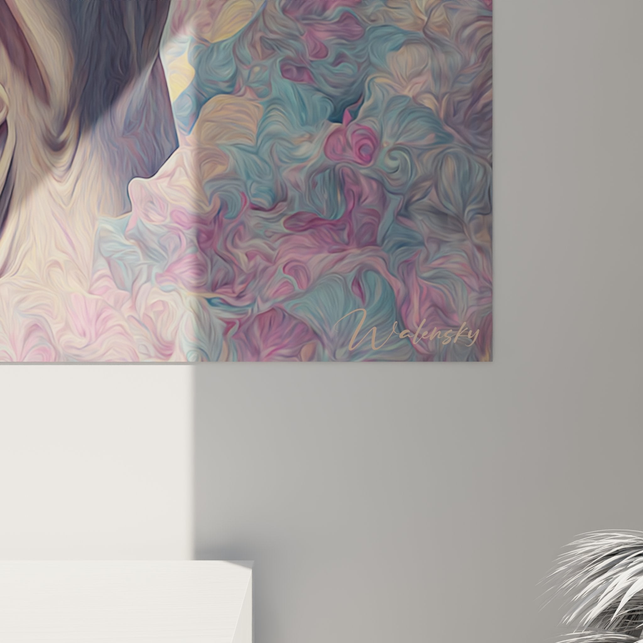 Vista generale del quadro gatto Sphynx in un interno contemporaneo, arte murale decorativa