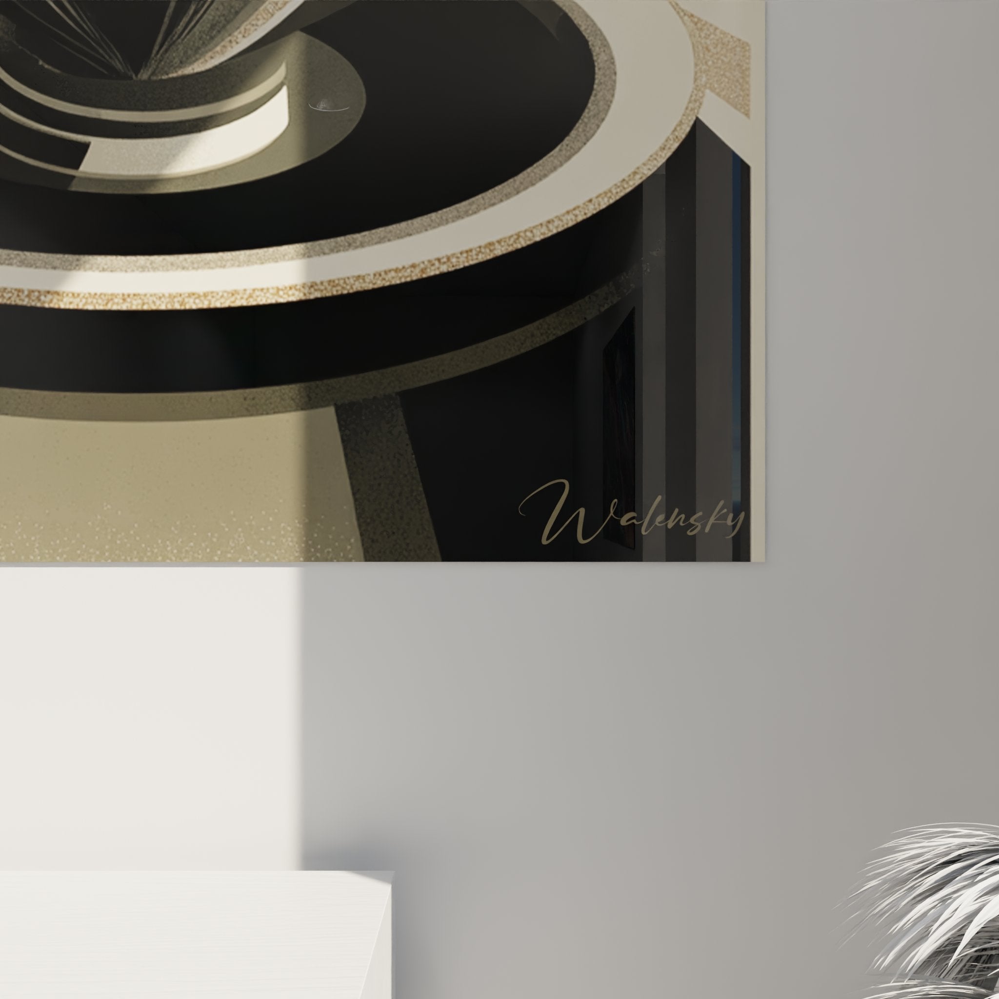 Vue d'ensemble du tableau tasse de café art déco dans intérieur contemporain avec éclairage d'ambiance