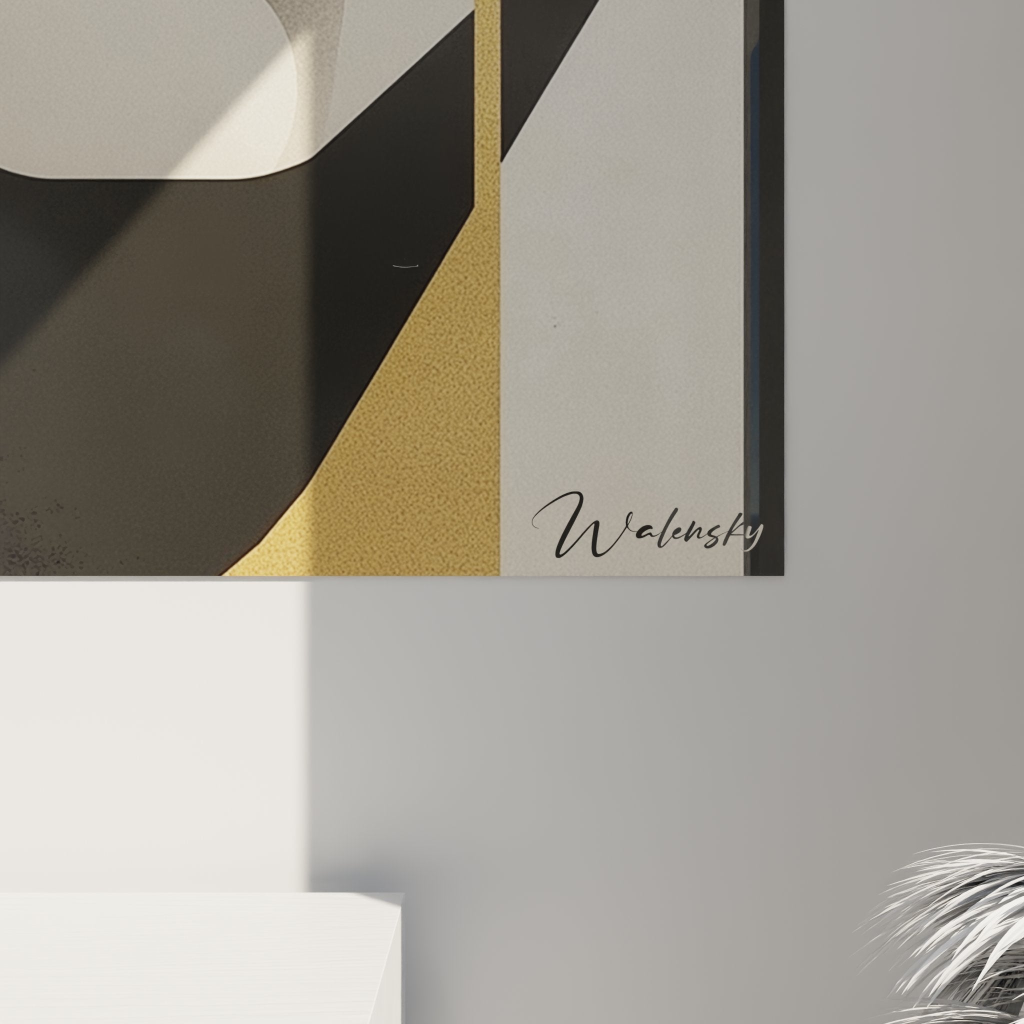 Vista prospettica quadro art déco ritratto stilizzato con motivi geometrici dorati decorazione murale