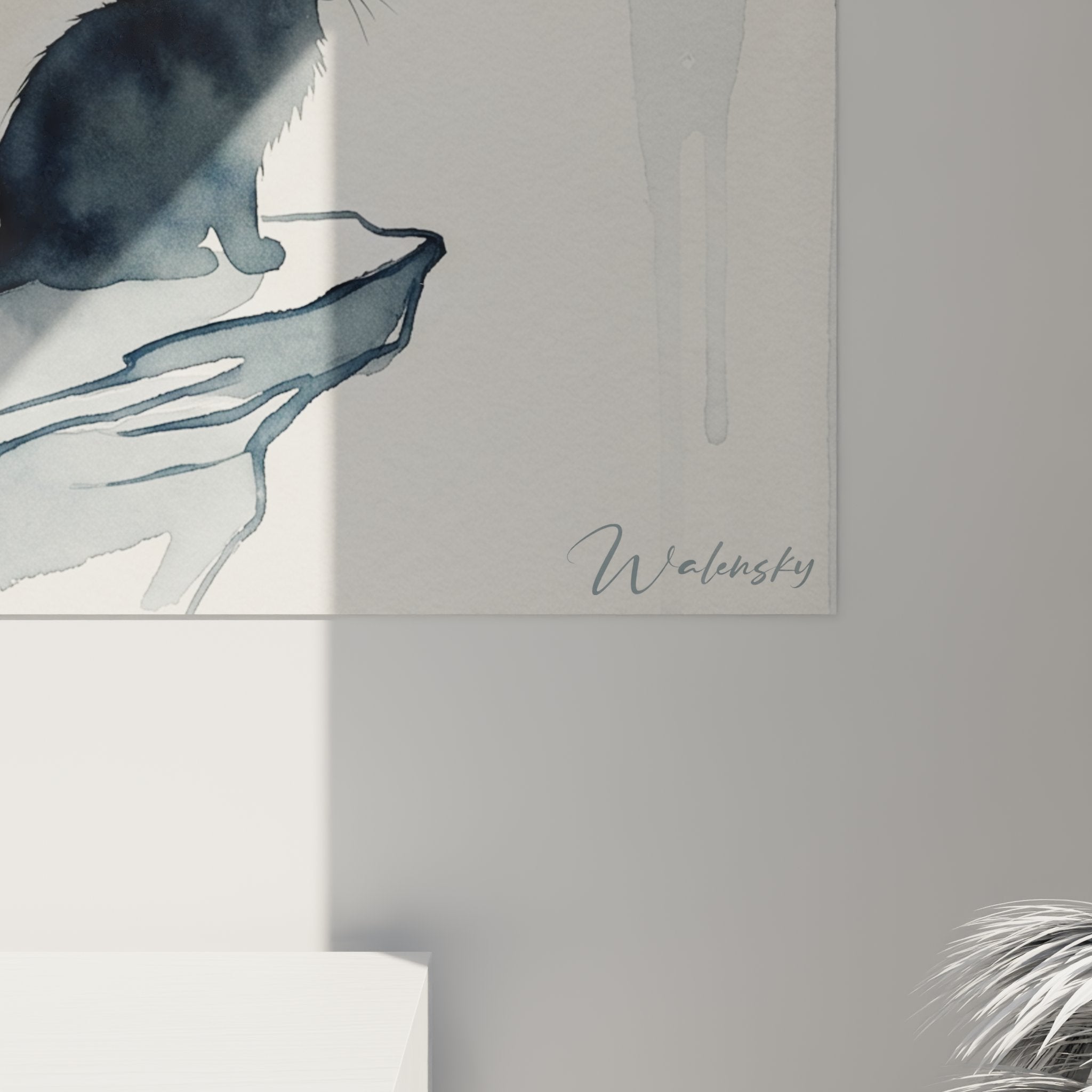 Gesamtansicht Wandbild Katze Norwegian Forest Berg Aquarell moderne Inneneinrichtung