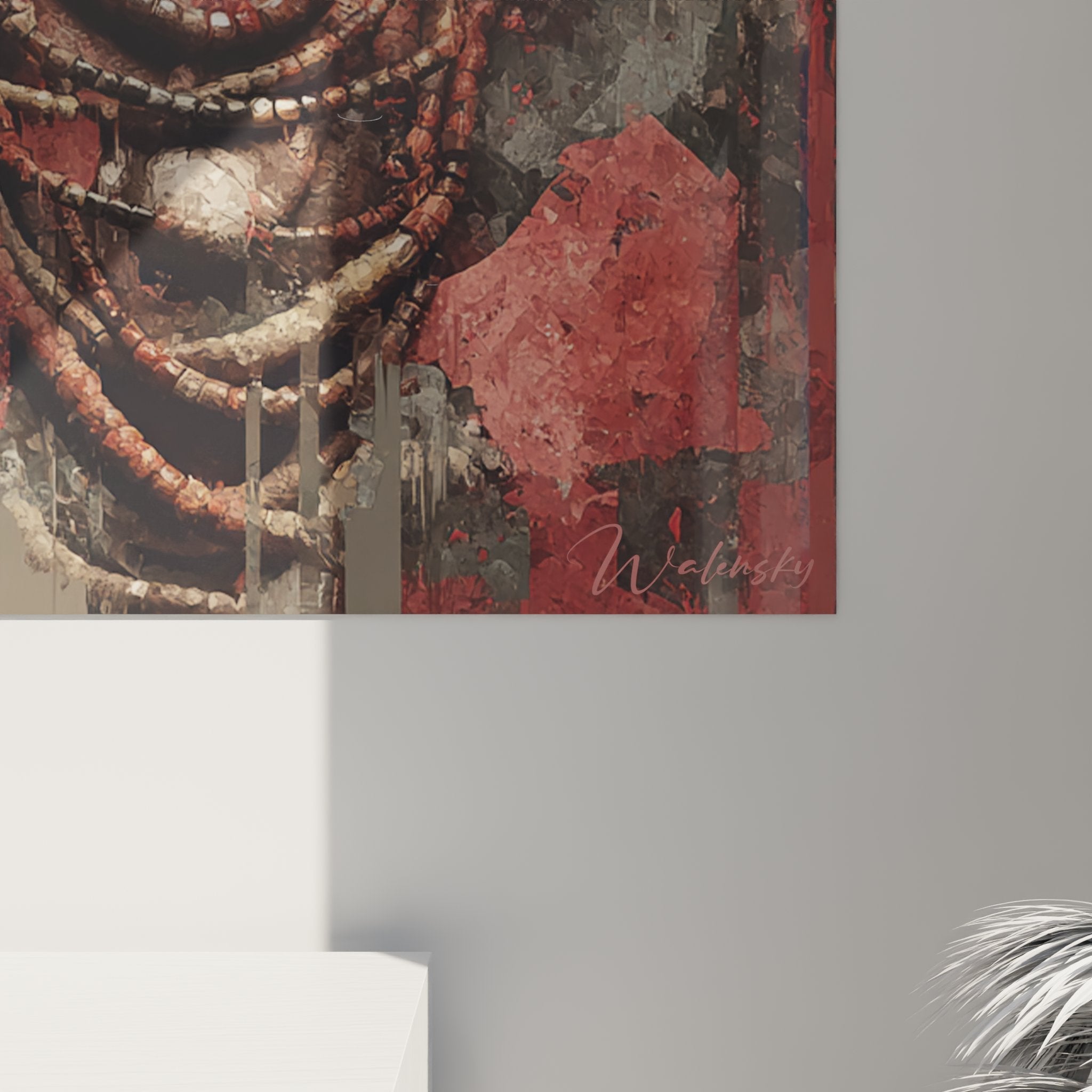 Panoramica quadro murale donna africana nobile copricapo rosso collana perle arte decorativa etnica