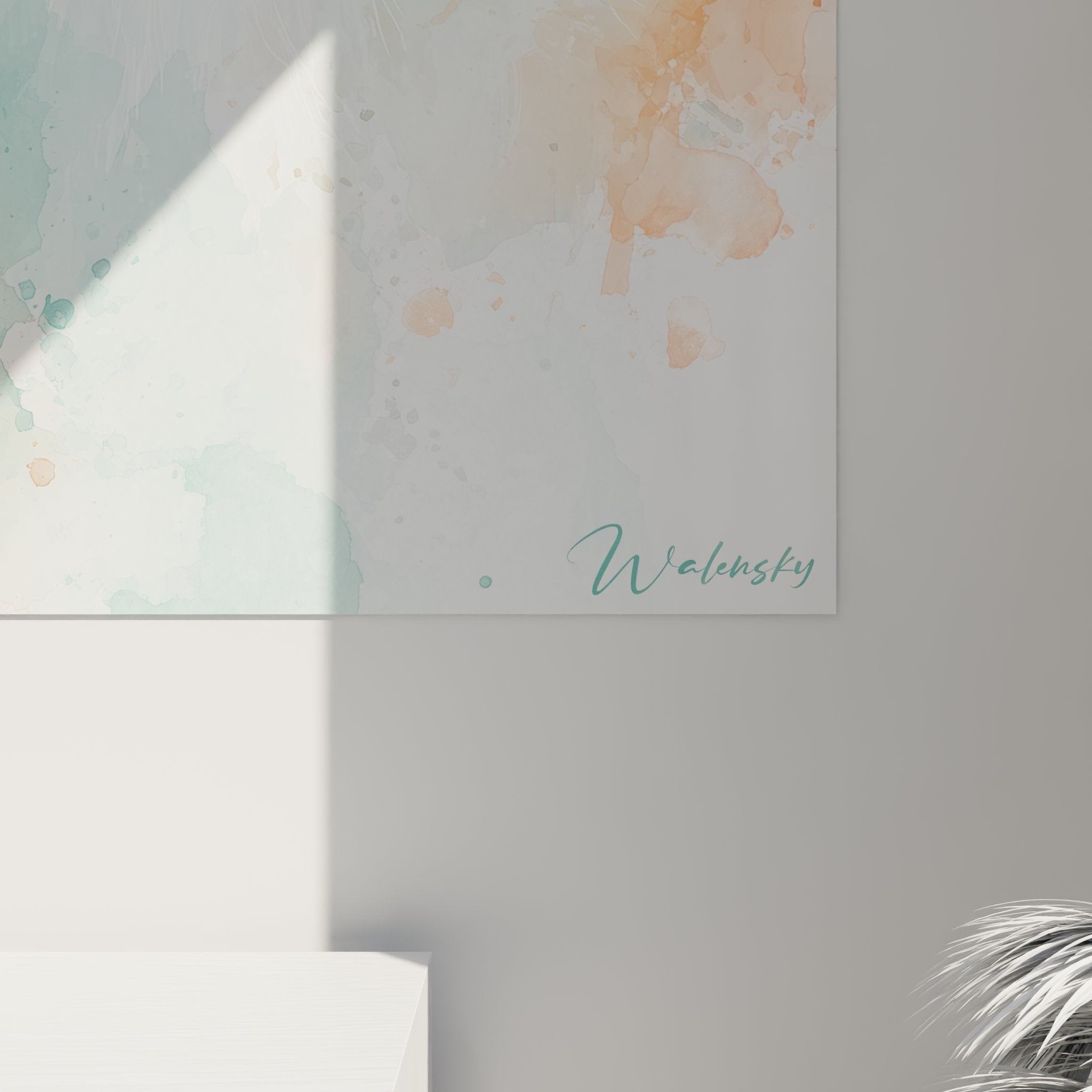 Vue d'ensemble tableau mural chat Turkish Van, effet aquarelle couleurs pastel pour décoration salon moderne