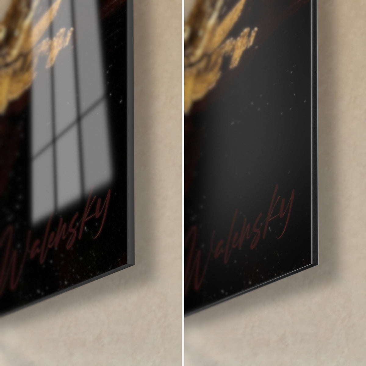 Tableau boxeur doré, coin bas droit : verre brillant aux reflets à gauche, alu Dibond noir mat à droite, tranche de 3 mm