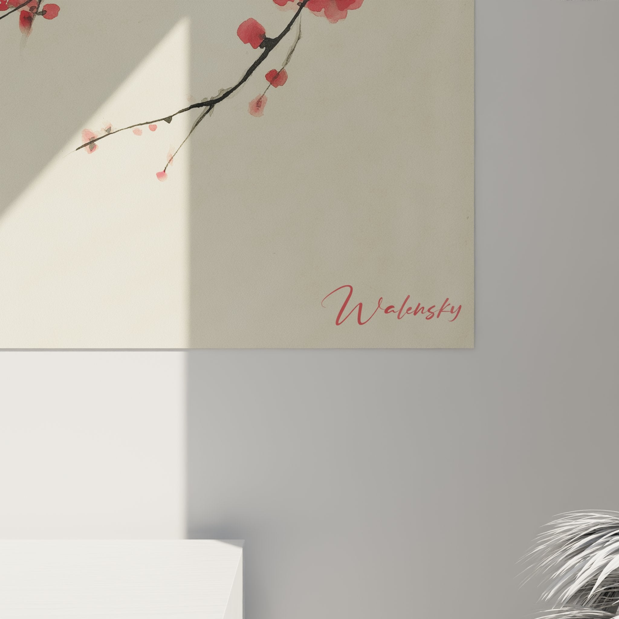 Übersicht Wandgemälde schwarze Katze Kirschblüte Rosa, elegante japanische Zen-Innenraumdekoration